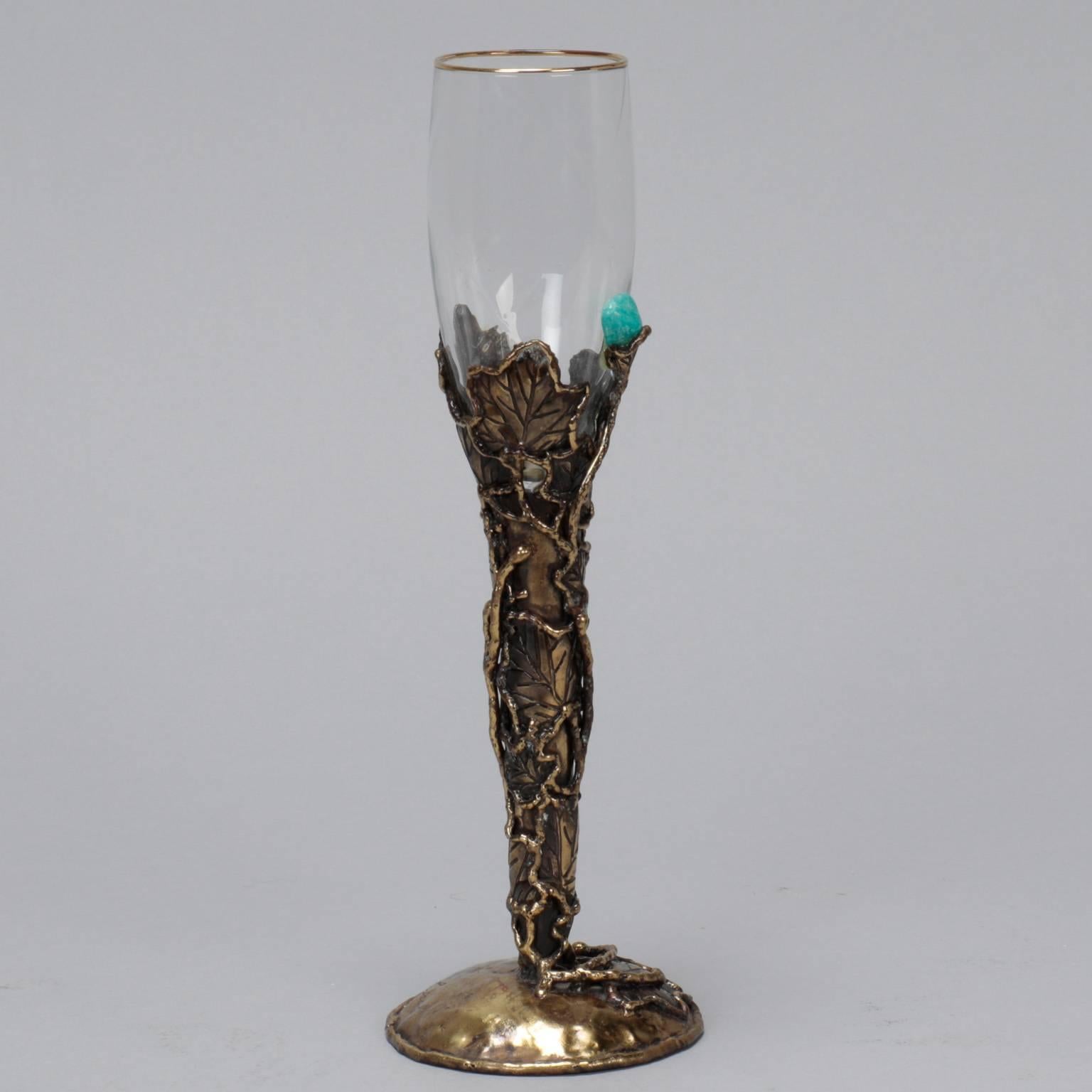 20th Century Mid-Century Artisan Signed Wine Glass with Metal Surround and Turquoise Stones 