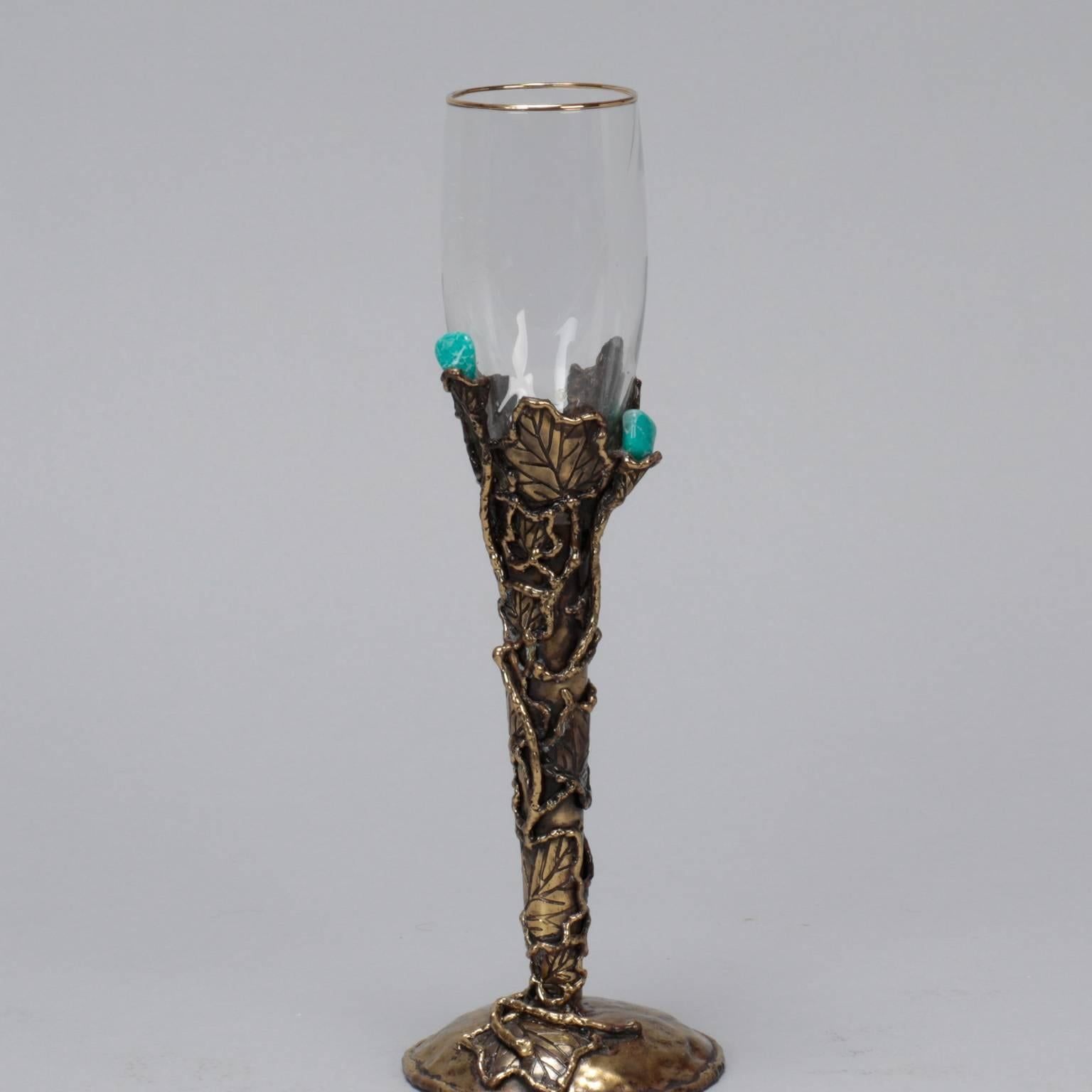Hand-Crafted Mid-Century Artisan Signed Wine Glass with Metal Surround and Turquoise Stones 