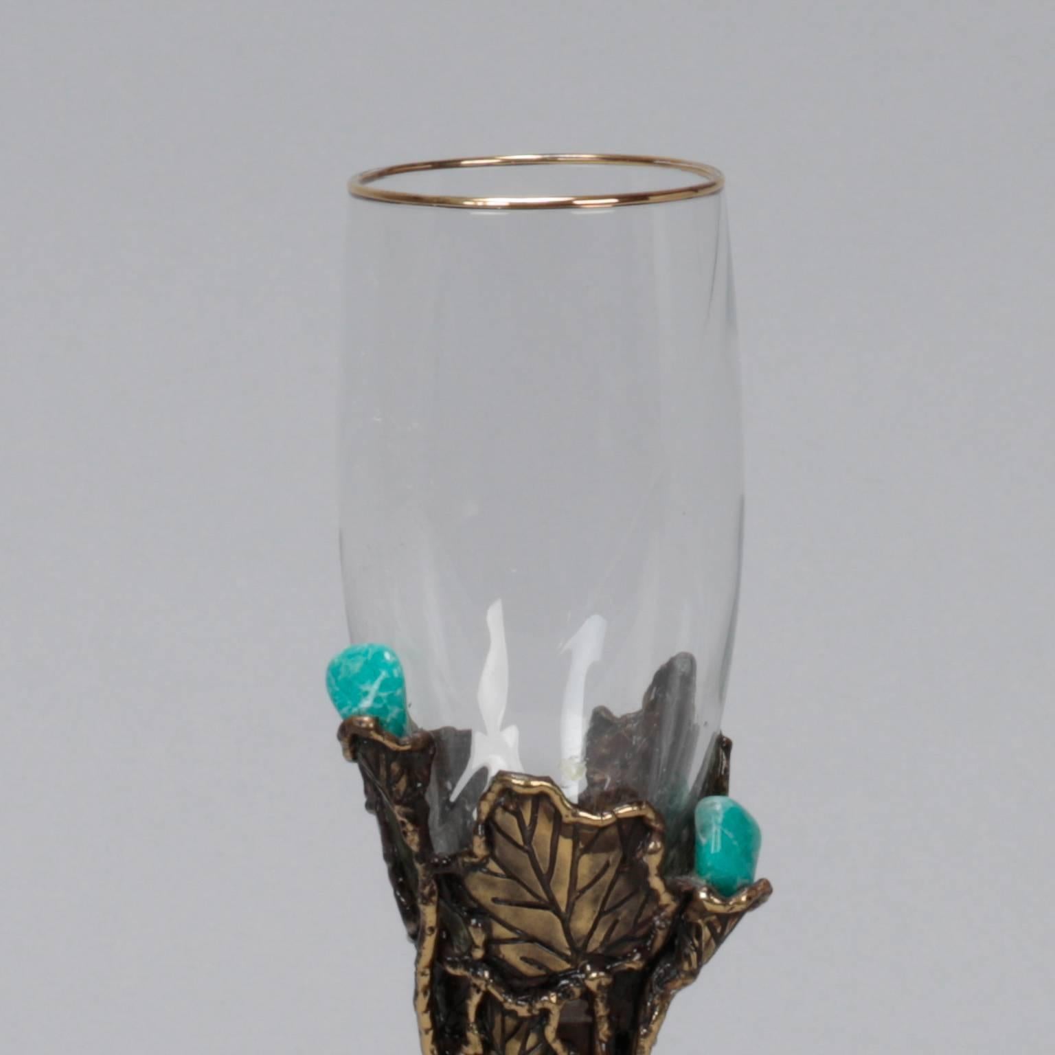 Mid-Century Artisan Signed Wine Glass with Metal Surround and Turquoise Stones In Excellent Condition In Troy, MI