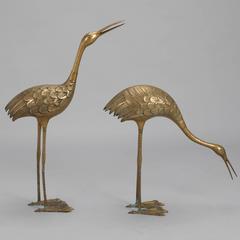 Pair of Mid-Century Tall Brass Crane Statues
