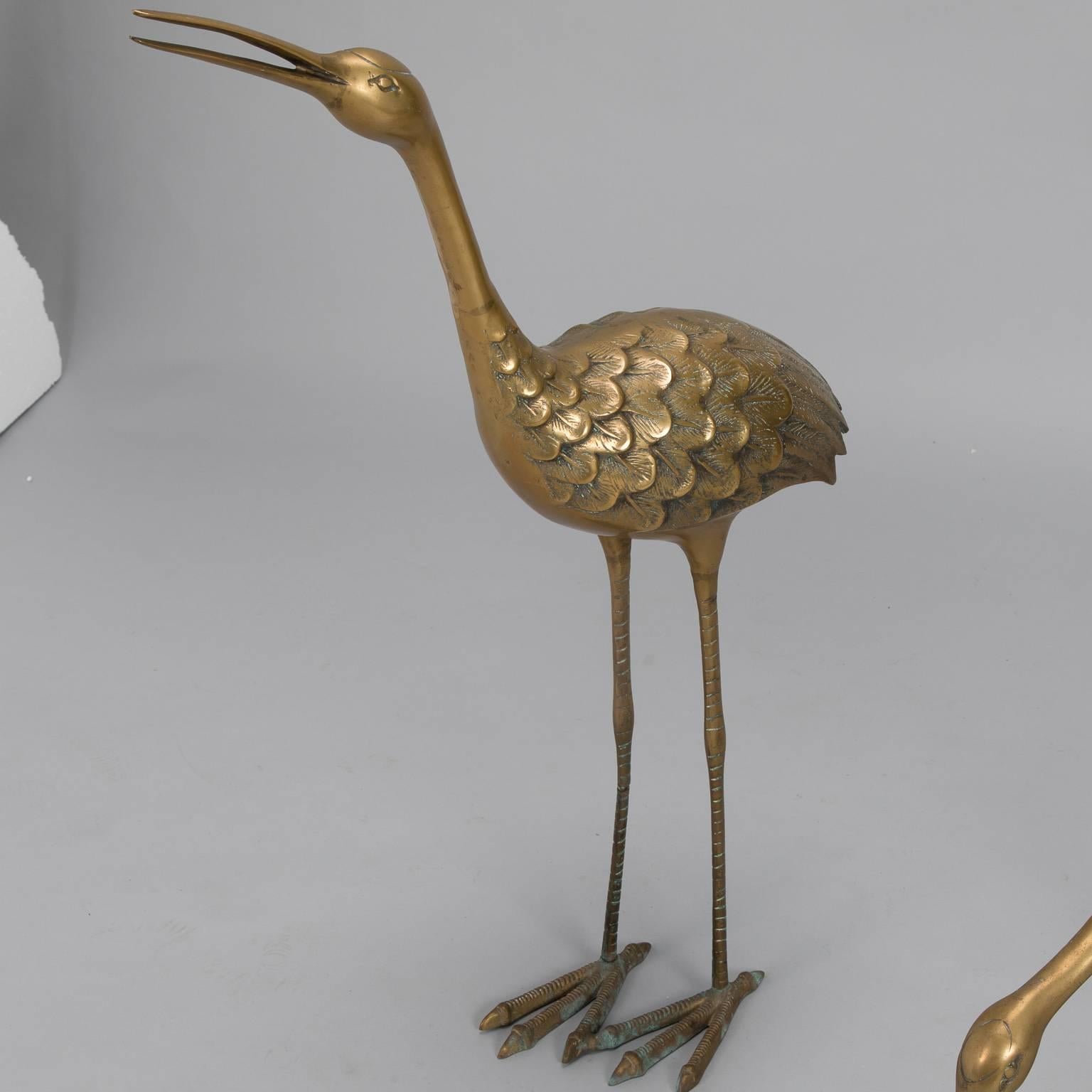 Cast Pair of Mid-Century Tall Brass Crane Statues