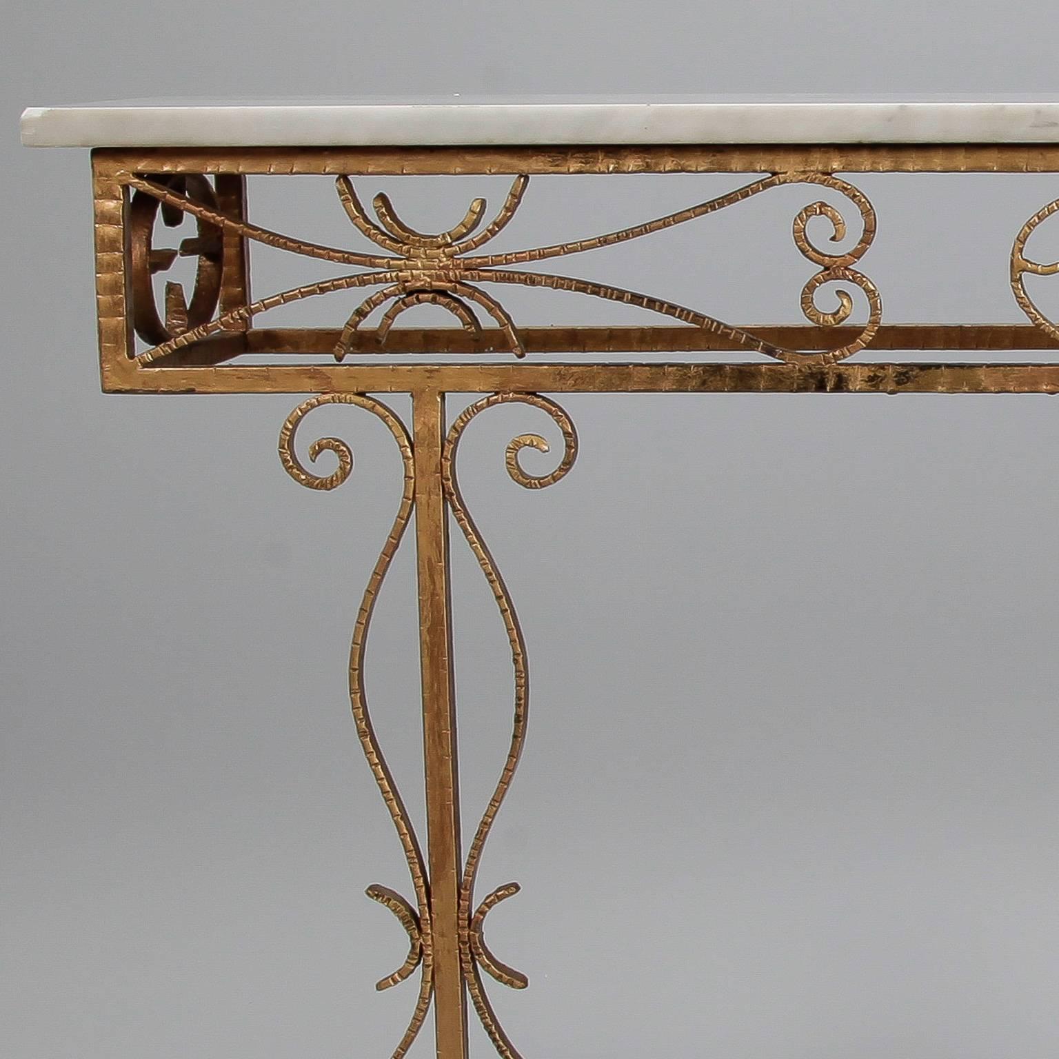 Wrought Iron Spanish Wall Hung Console with Gilt Metal and Marble Top
