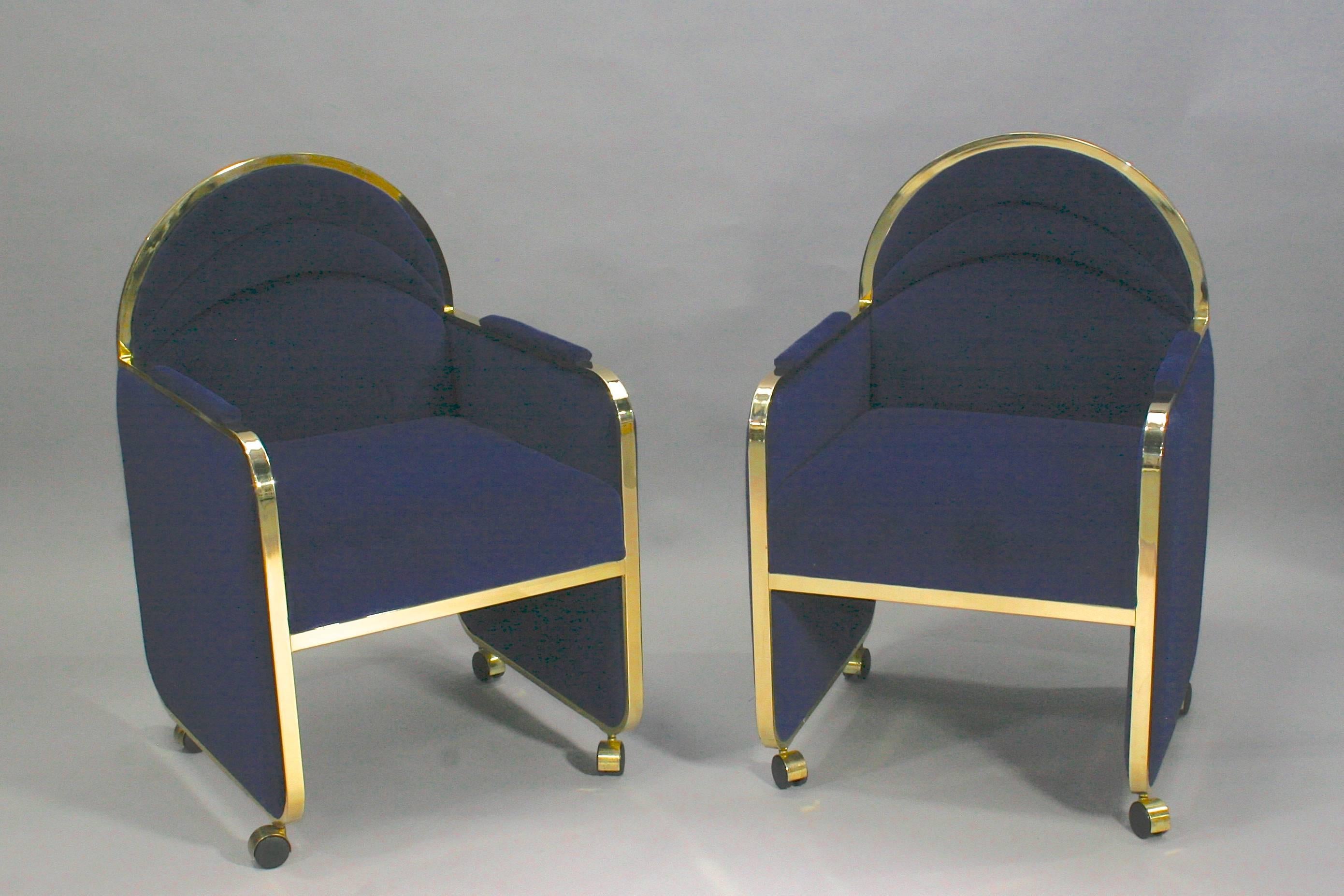 Mid-Century Modern Pair of Design Institute America Baughman Style Brass & Blue Velvet Club Chairs
