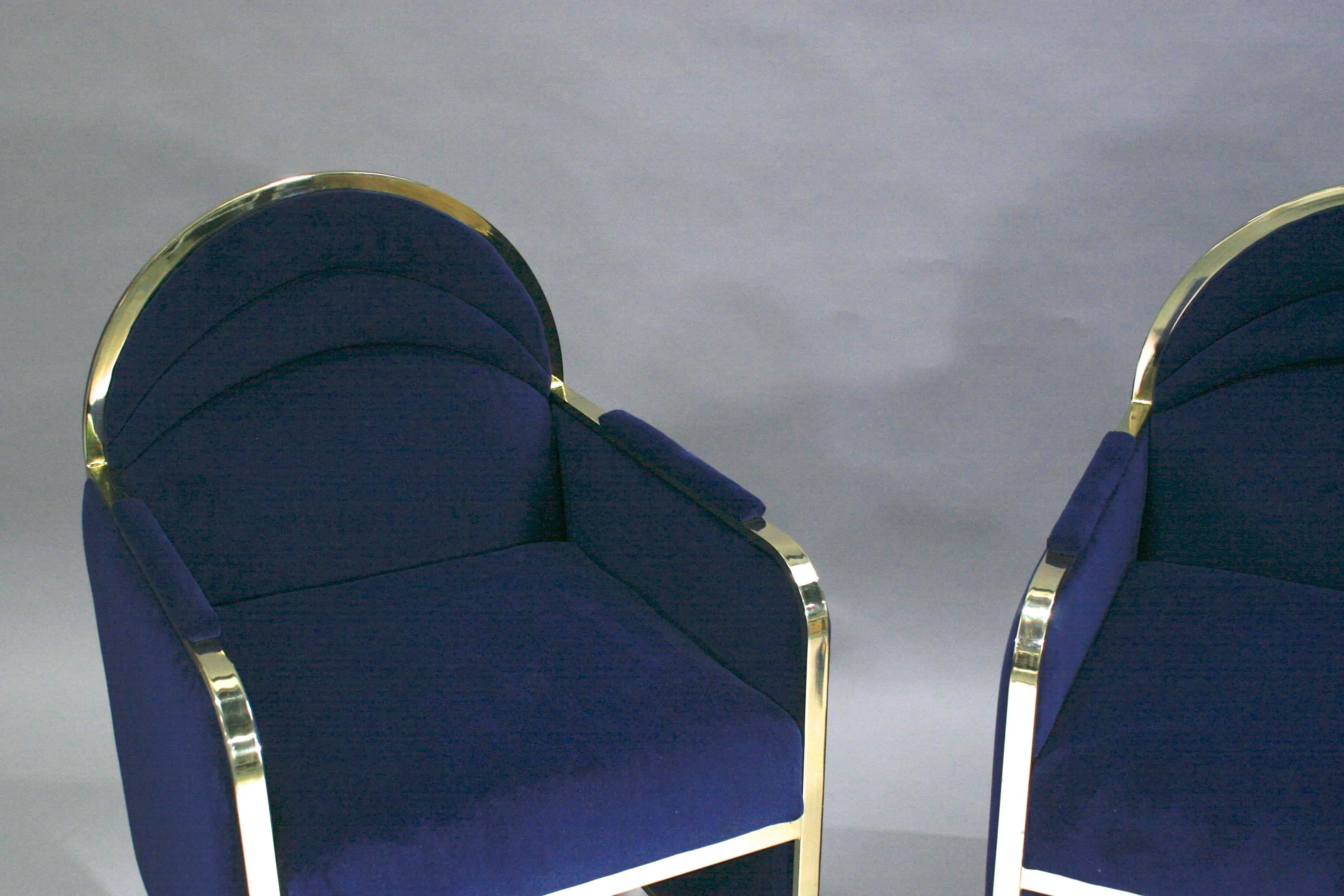 American Pair of Design Institute America Baughman Style Brass & Blue Velvet Club Chairs