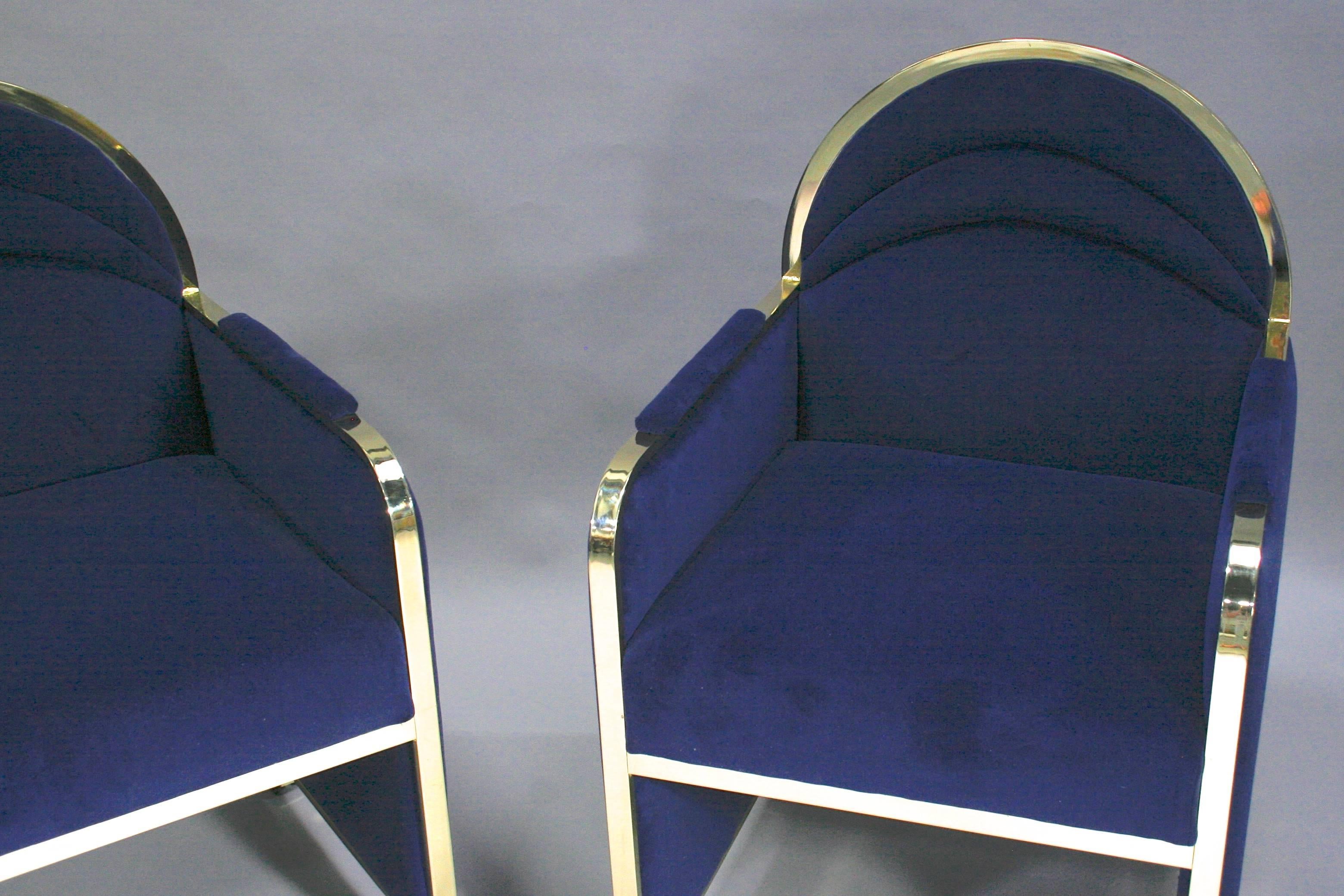 Pair of Design Institute America Baughman Style Brass & Blue Velvet Club Chairs In Good Condition In Troy, MI