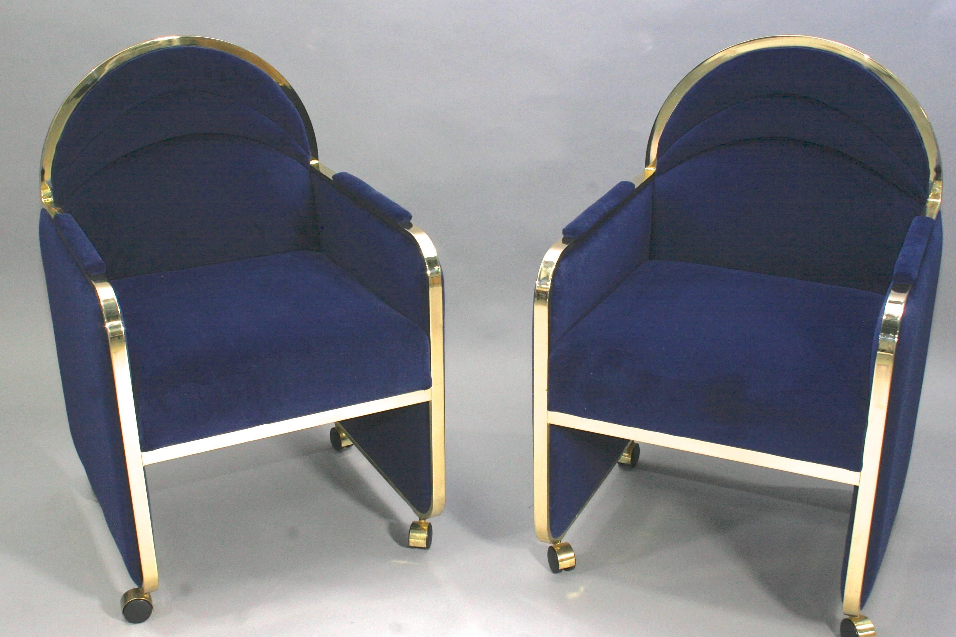 Pair of Design Institute America Baughman Style Brass & Blue Velvet Club Chairs 1