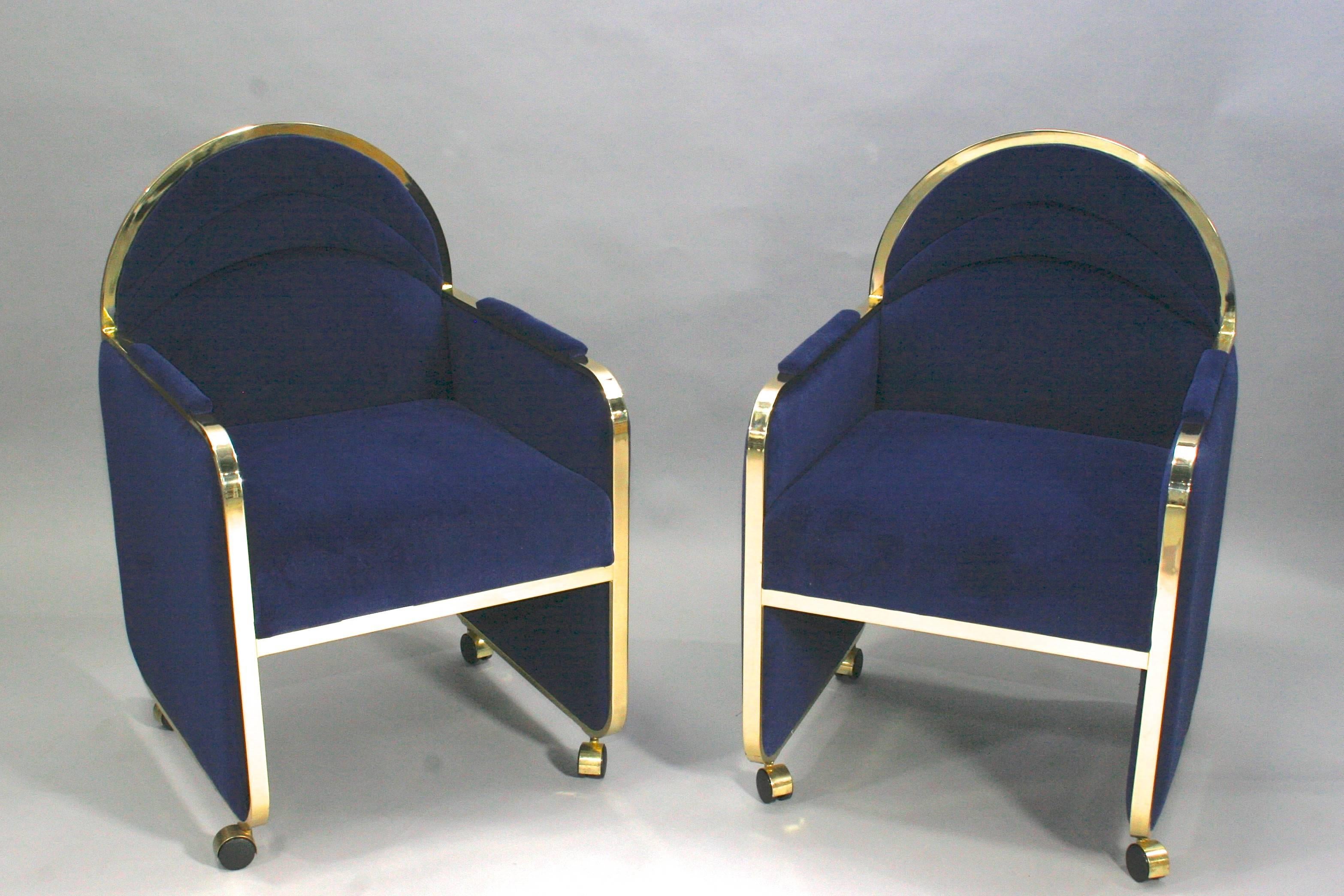 Pair of Design Institute America Baughman Style Brass & Blue Velvet Club Chairs 2