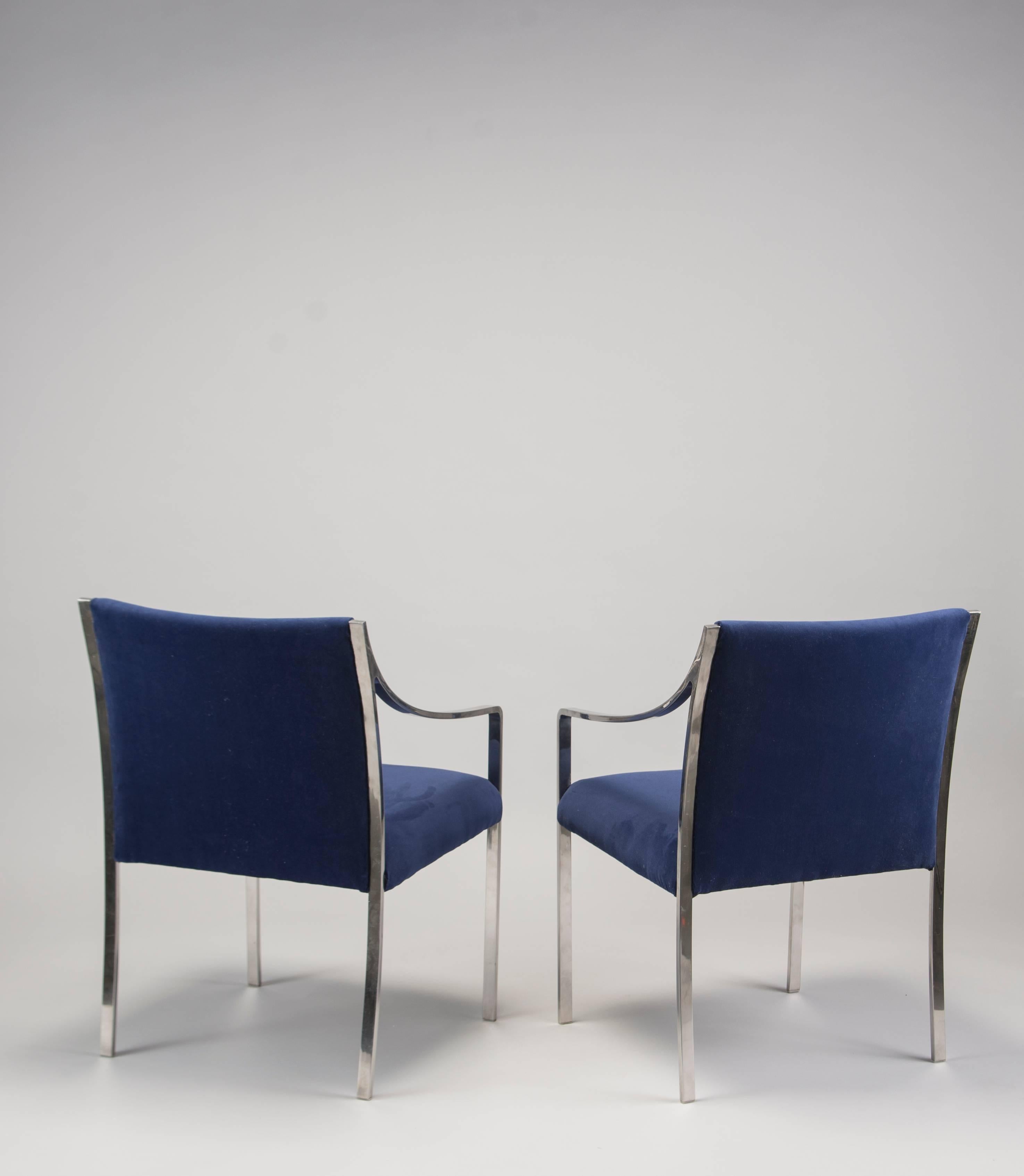 Polished Pair of Midcentury Bert England for Stow Davis Steel Frame and Velvet Arm Chairs