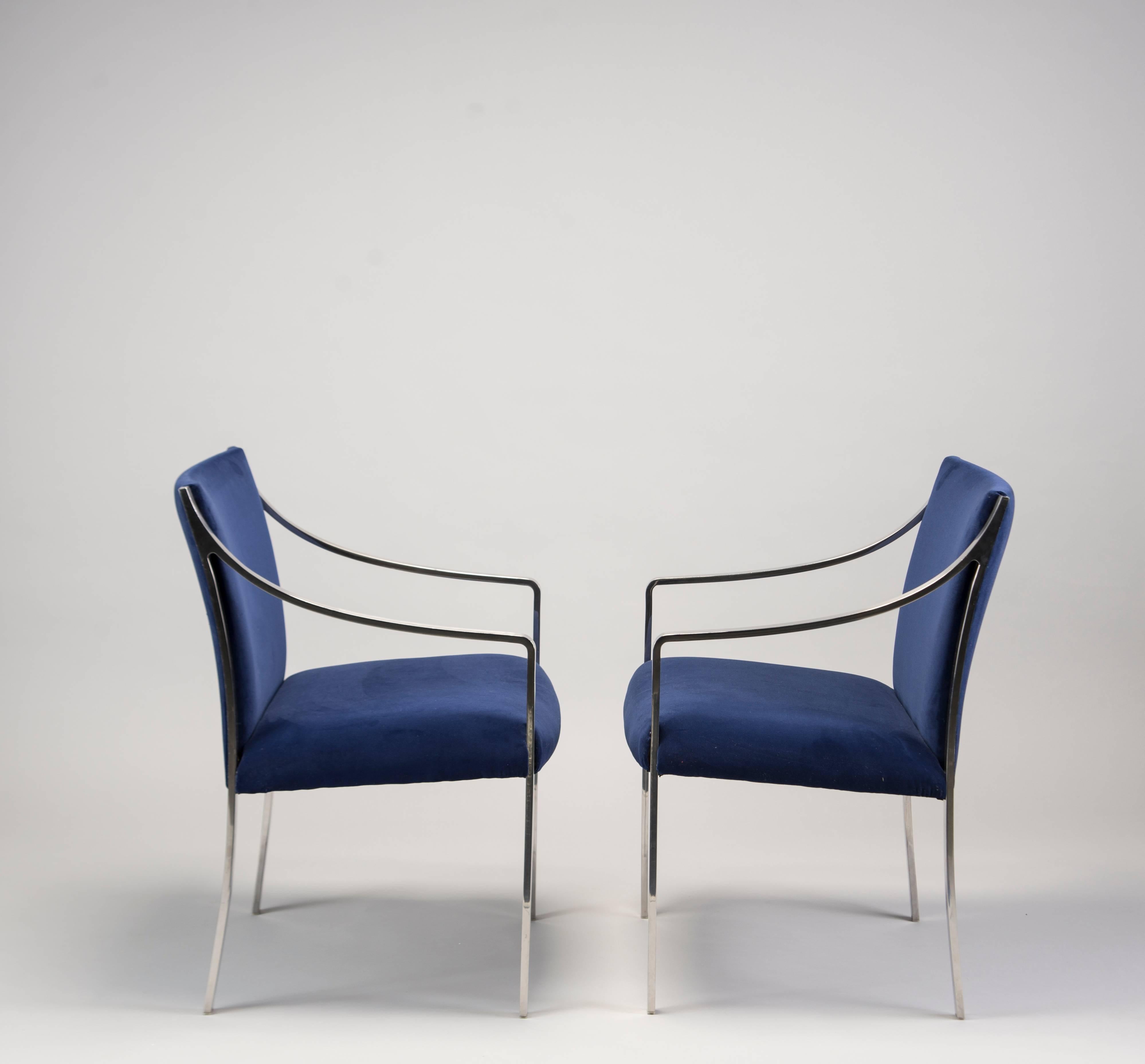 Mid-Century Modern Pair of Midcentury Bert England for Stow Davis Steel Frame and Velvet Arm Chairs