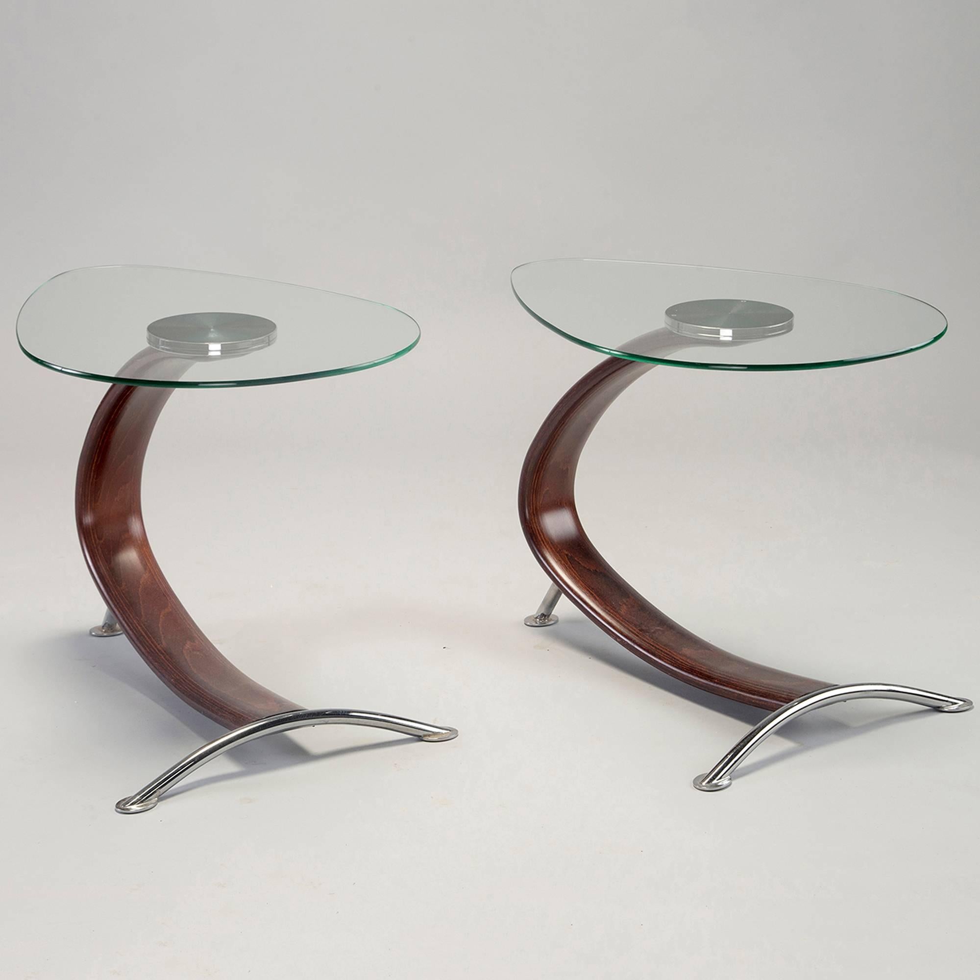 Italian Pair of Glass Top Midcentury End Tables with Bentwood and Chrome Bases