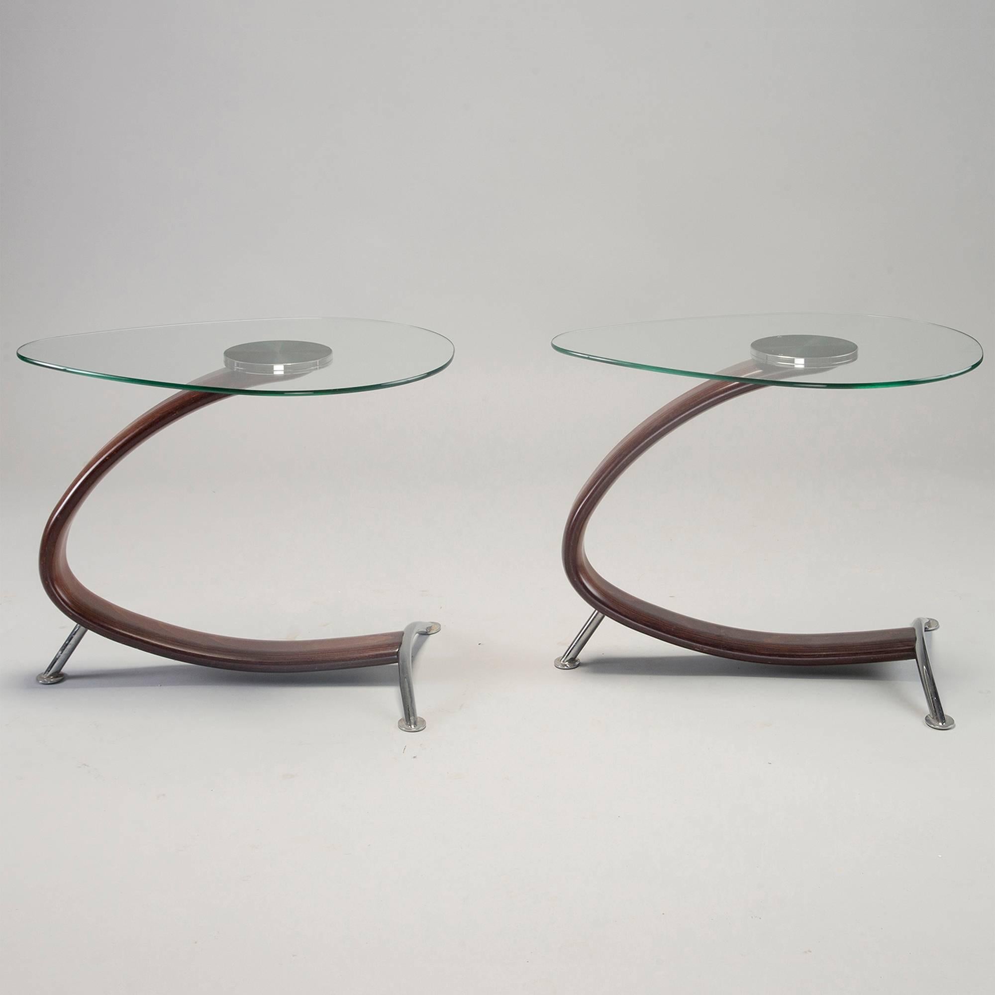 Mid-Century Modern Pair of Glass Top Midcentury End Tables with Bentwood and Chrome Bases