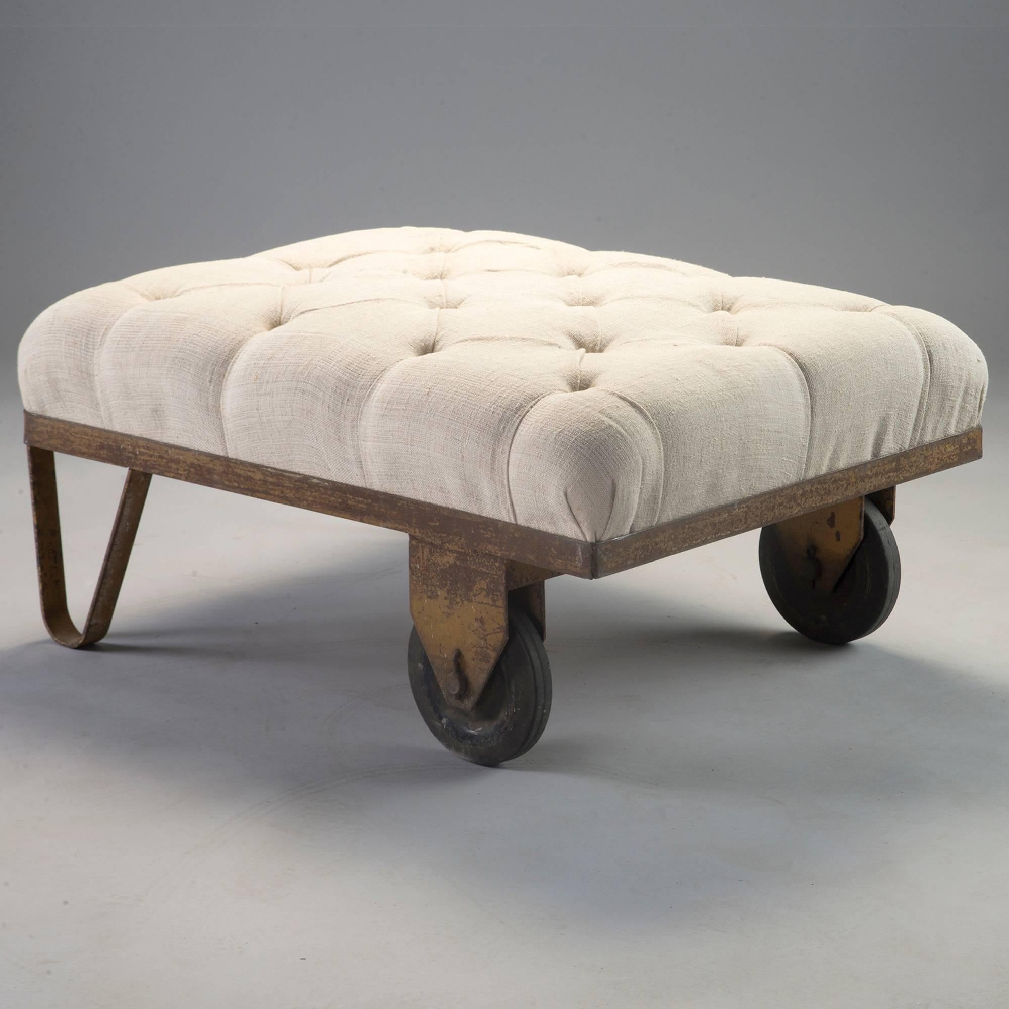 Tufted Ottoman Bench Stool with Industrial Wheelbarrow Base In Good Condition In Troy, MI