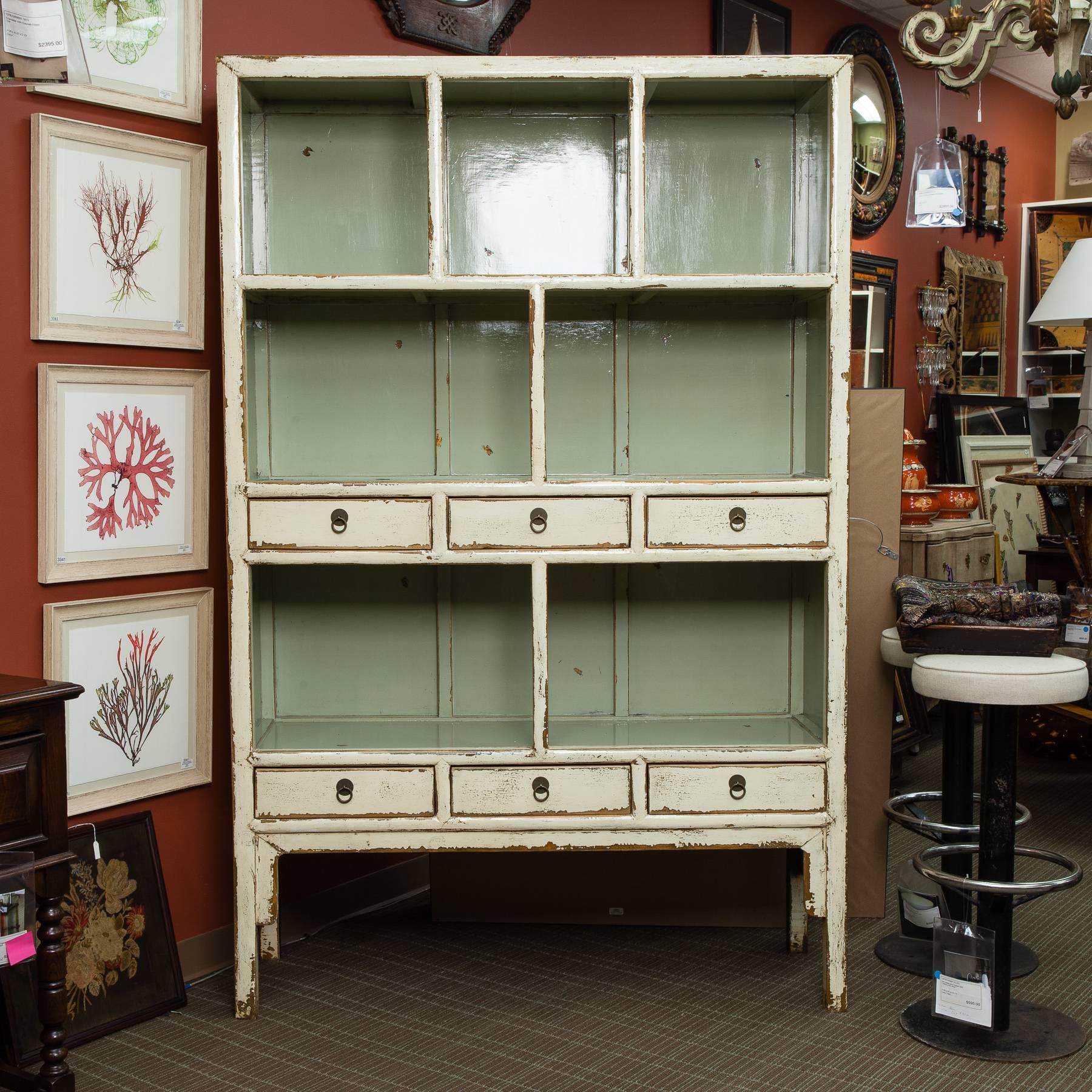Lacquered Chinese Open Shelf Cabinet with Cream Colored Lacquer Finish