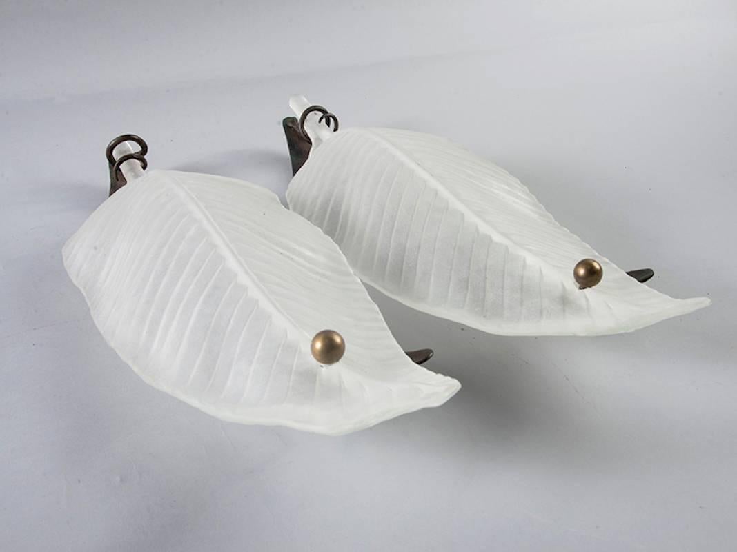 Italian Extra Large Clear Frosted Murano Glass Leaf Form Sconces