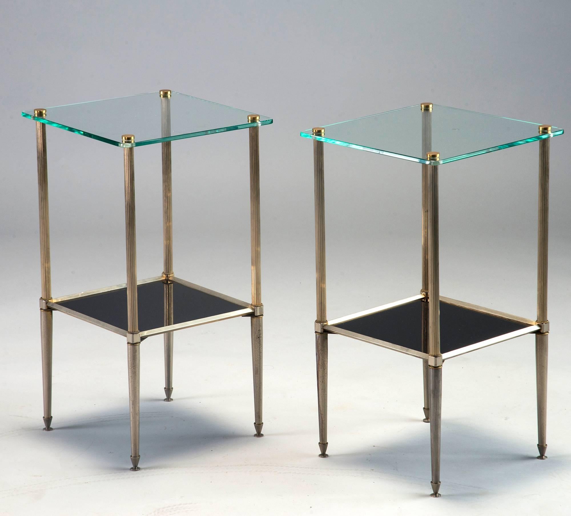 Metal Pair of Brass Side Tables with Glass Top and Lower Shelf of Black Glass