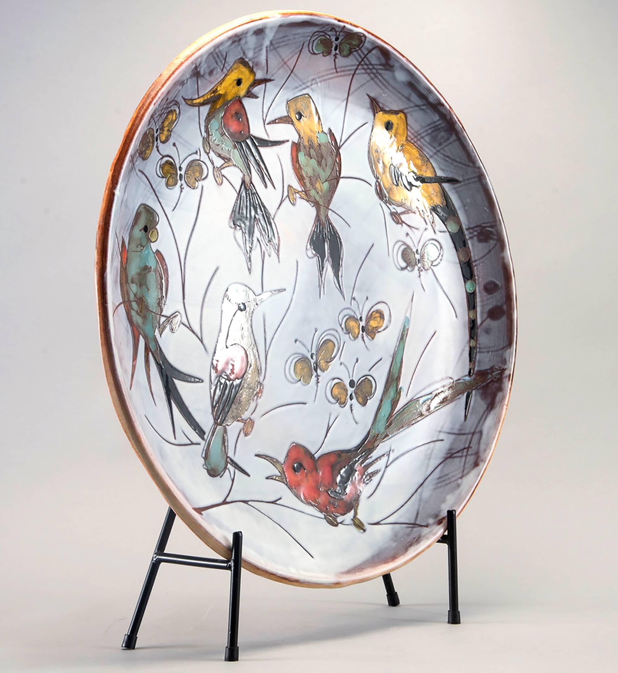 French Extra Large Round Ceramic Vallauris Platter with Birds