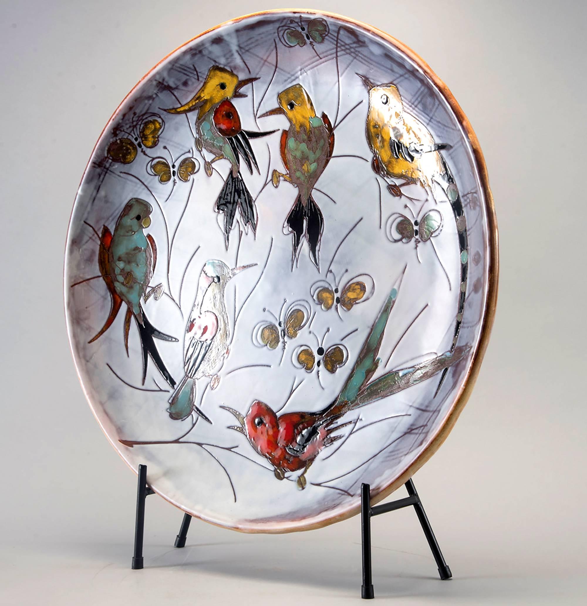 Mid-Century Modern Extra Large Round Ceramic Vallauris Platter with Birds