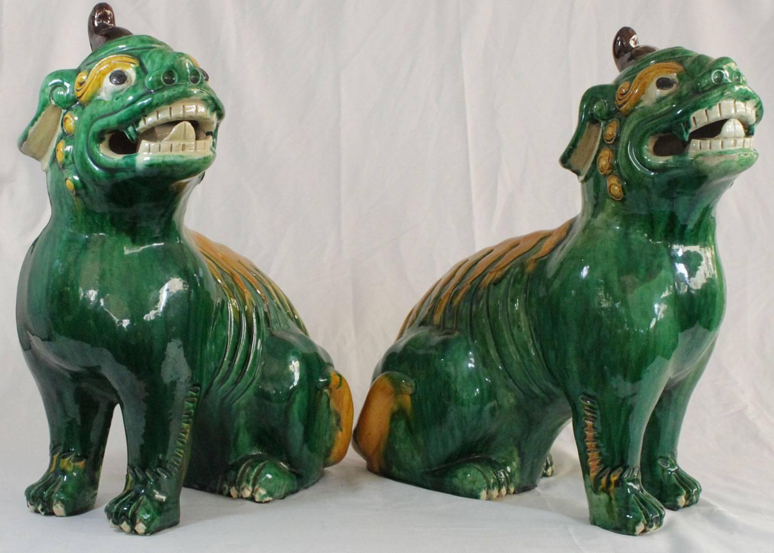 Qing Pair of Famille Verte Foo Dogs