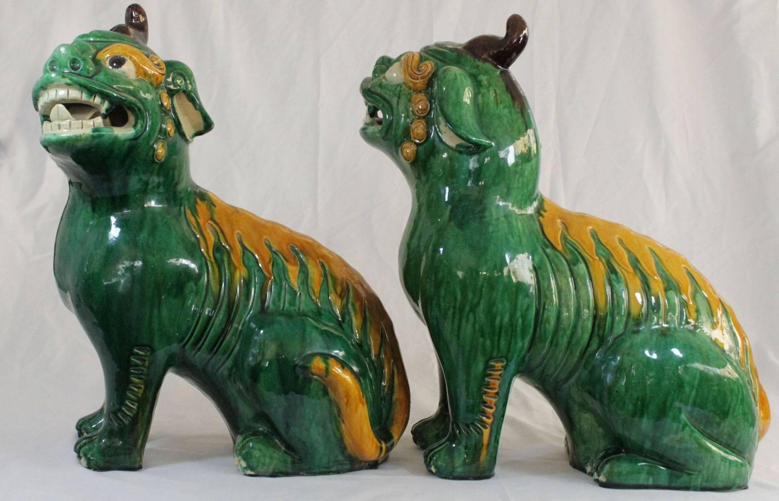 Chinese Pair of Famille Verte Foo Dogs