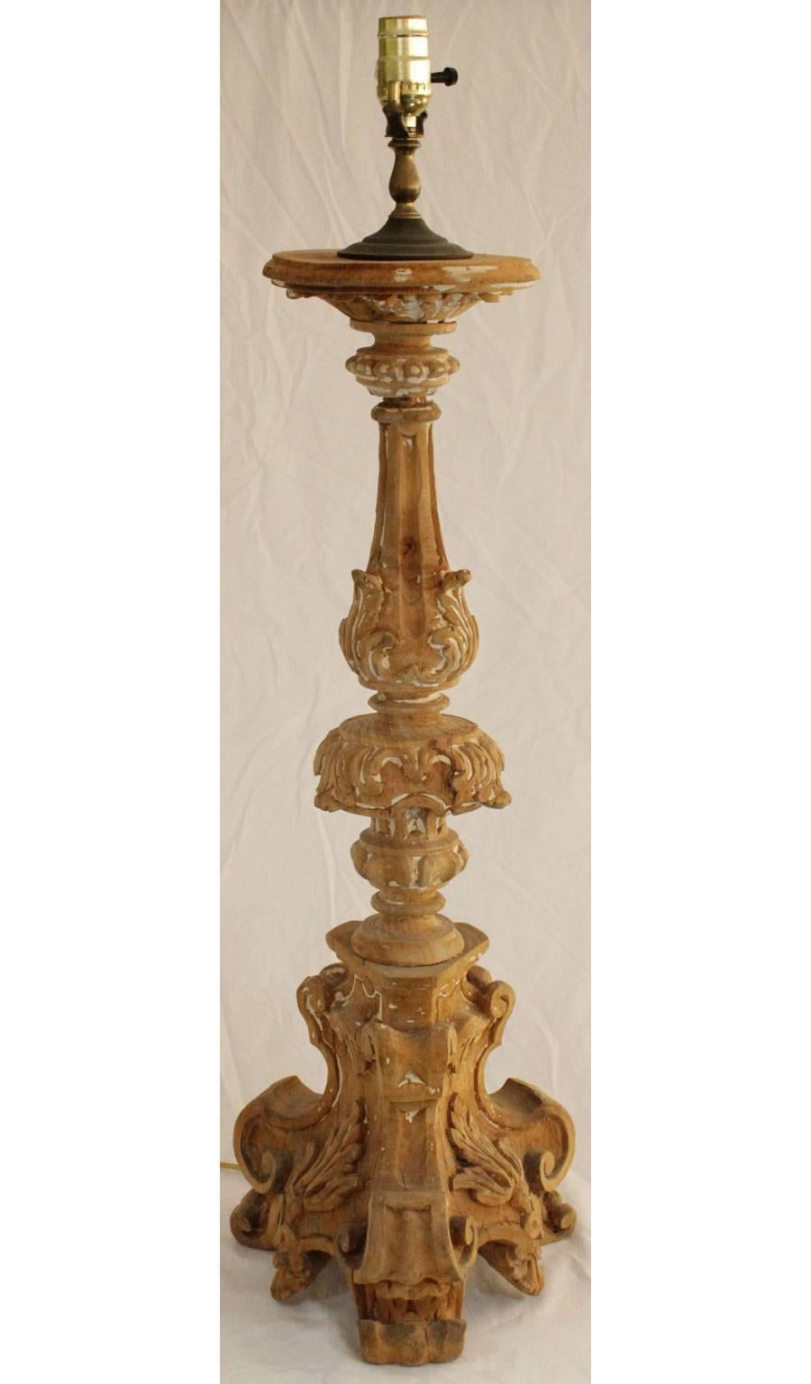 Baroque 18th Century Carved Wood Lamped Pricket Stick For Sale