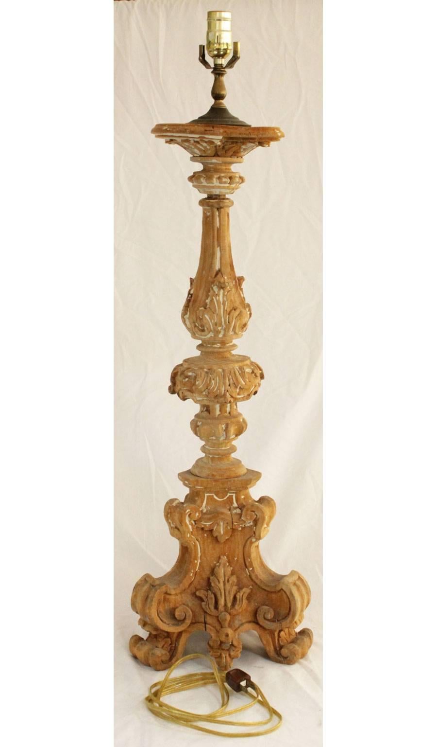 Italian 18th Century Carved Wood Lamped Pricket Stick For Sale