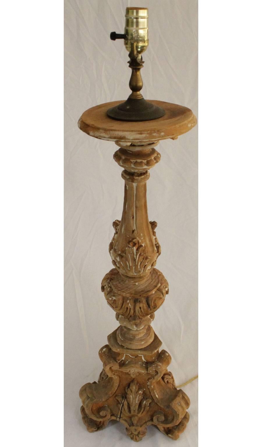 Hand-Carved 18th Century Carved Wood Lamped Pricket Stick For Sale