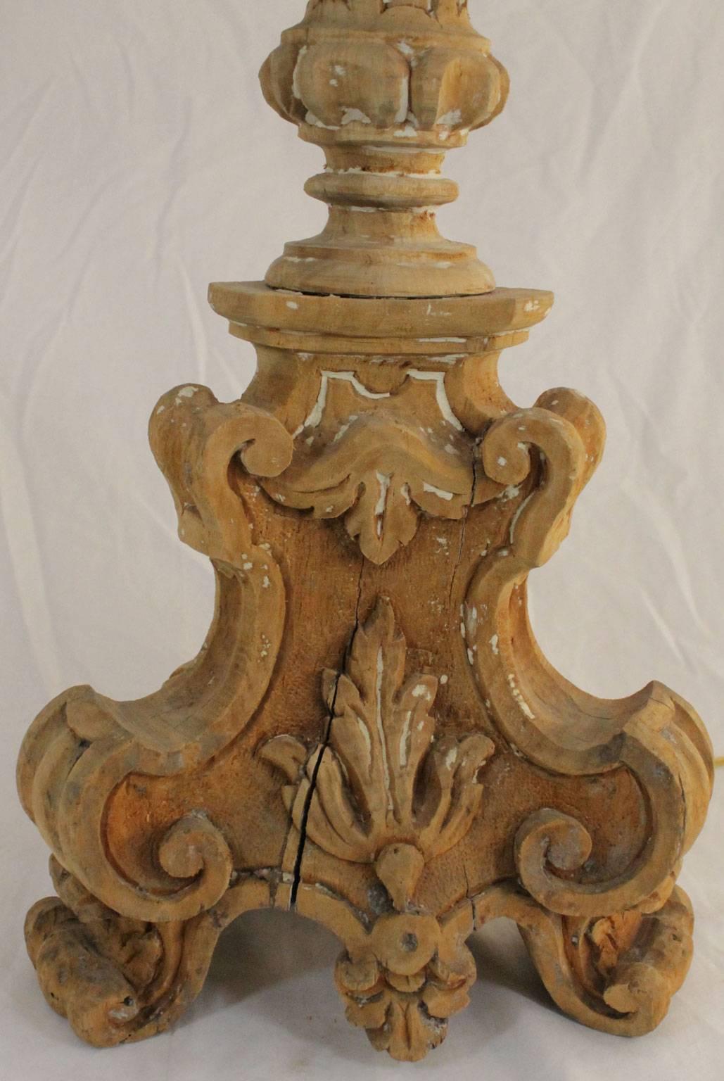 18th Century Carved Wood Lamped Pricket Stick In Distressed Condition For Sale In West Palm Beach, FL