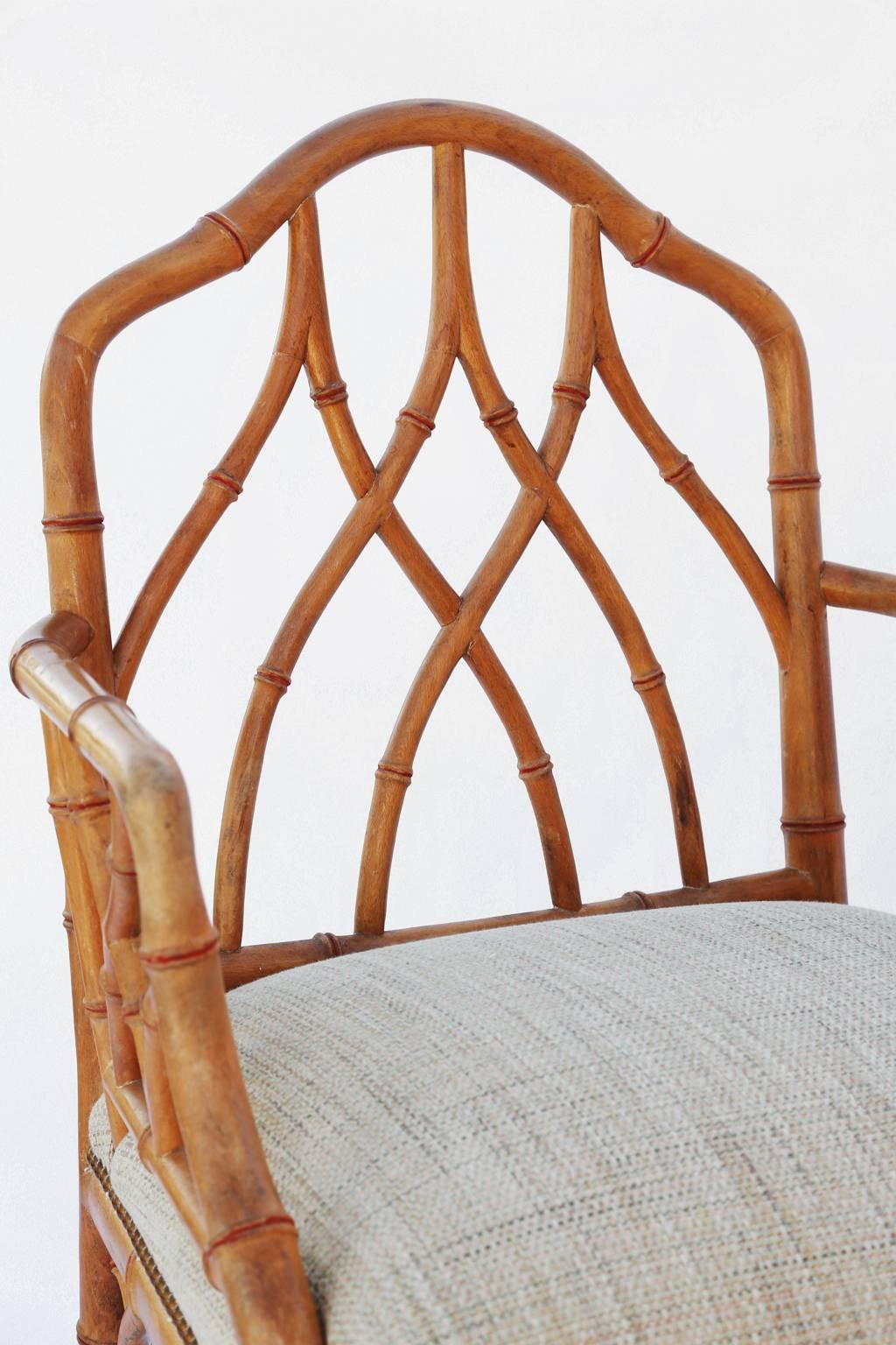 Pair of Gothic Style Fretwork Faux Bamboo Armchairs In Excellent Condition In West Palm Beach, FL