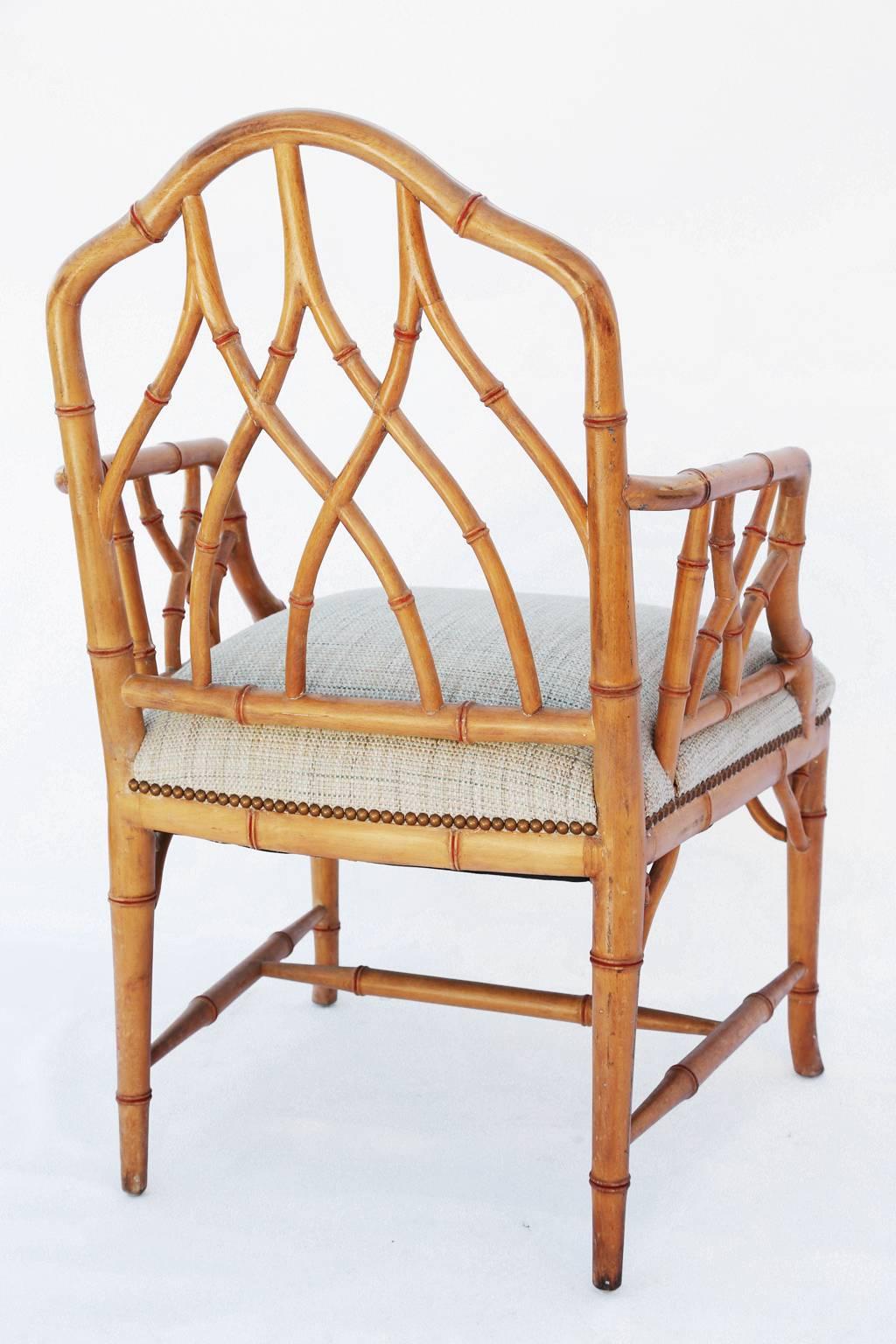 Hollywood Regency Pair of Gothic Style Fretwork Faux Bamboo Armchairs