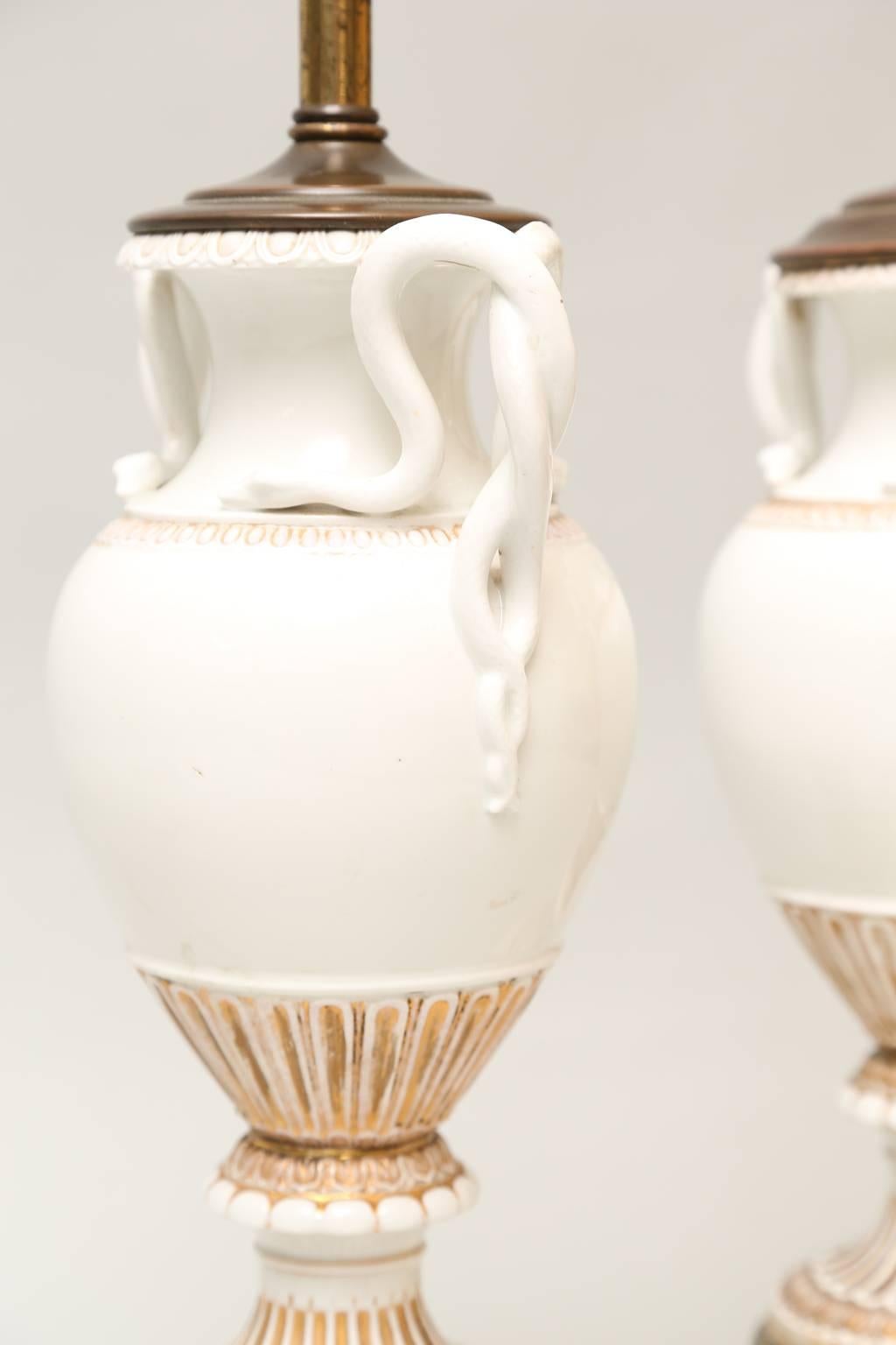 Gilt Pair of Meissen, Urn-Form Porcelain Vase Lamps with Snake Handles
