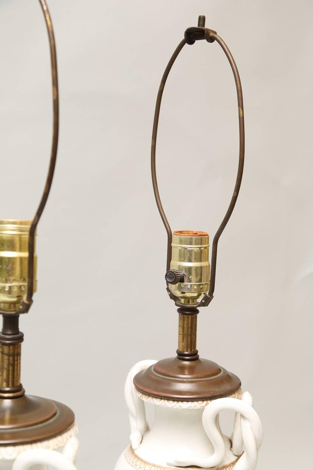 German Pair of Meissen, Urn-Form Porcelain Vase Lamps with Snake Handles