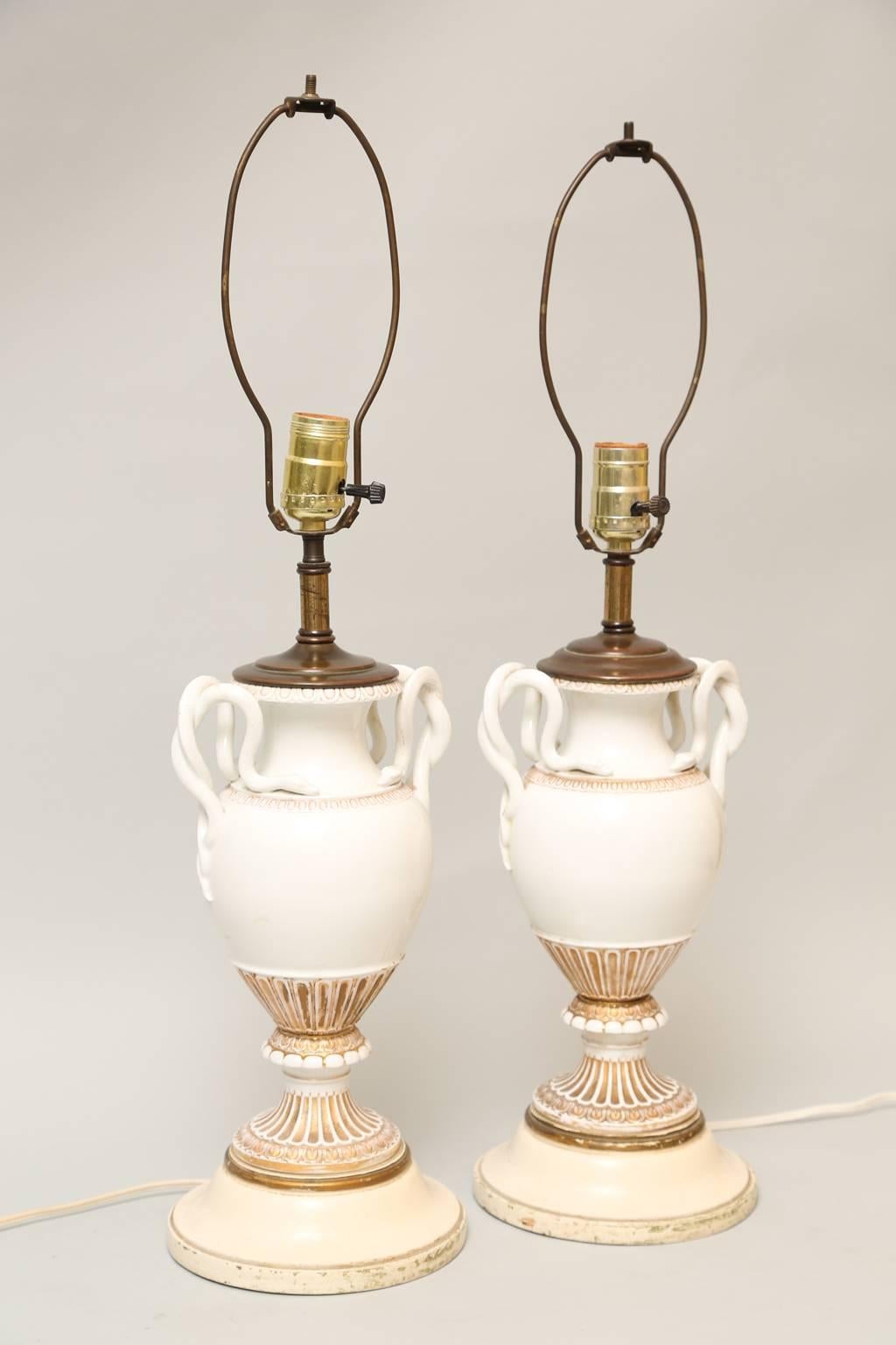 19th Century Pair of Meissen, Urn-Form Porcelain Vase Lamps with Snake Handles
