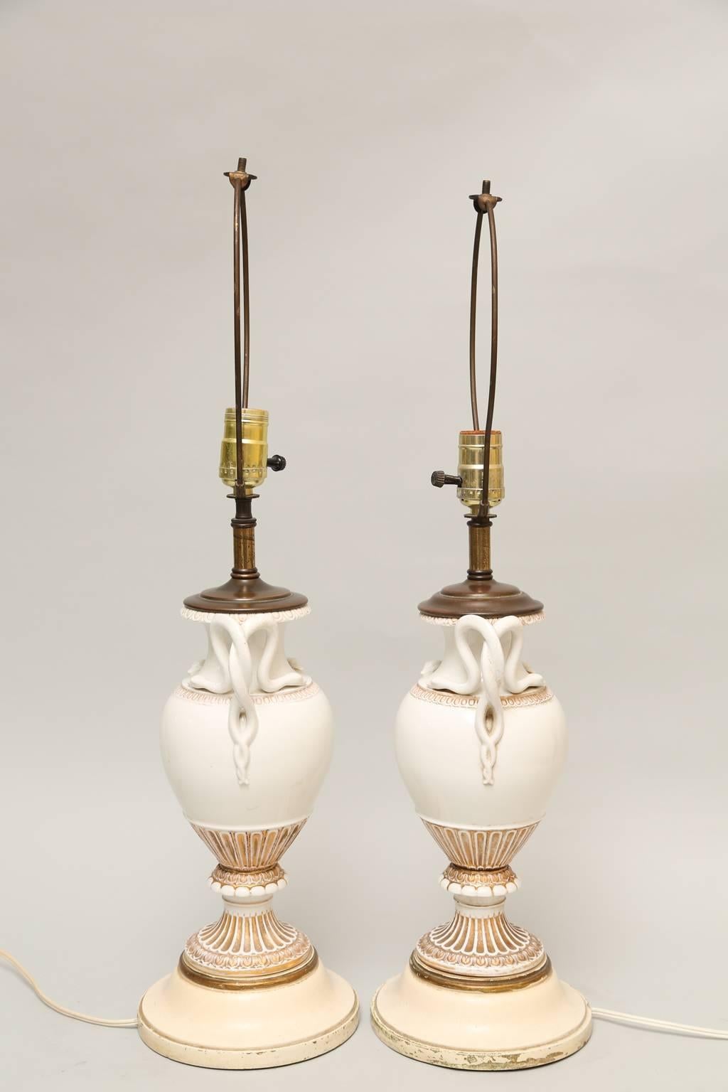 Pair of Meissen, Urn-Form Porcelain Vase Lamps with Snake Handles 1