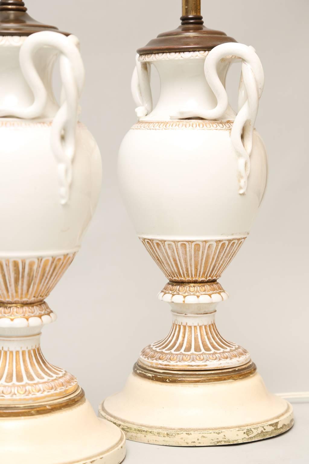 Neoclassical Pair of Meissen, Urn-Form Porcelain Vase Lamps with Snake Handles