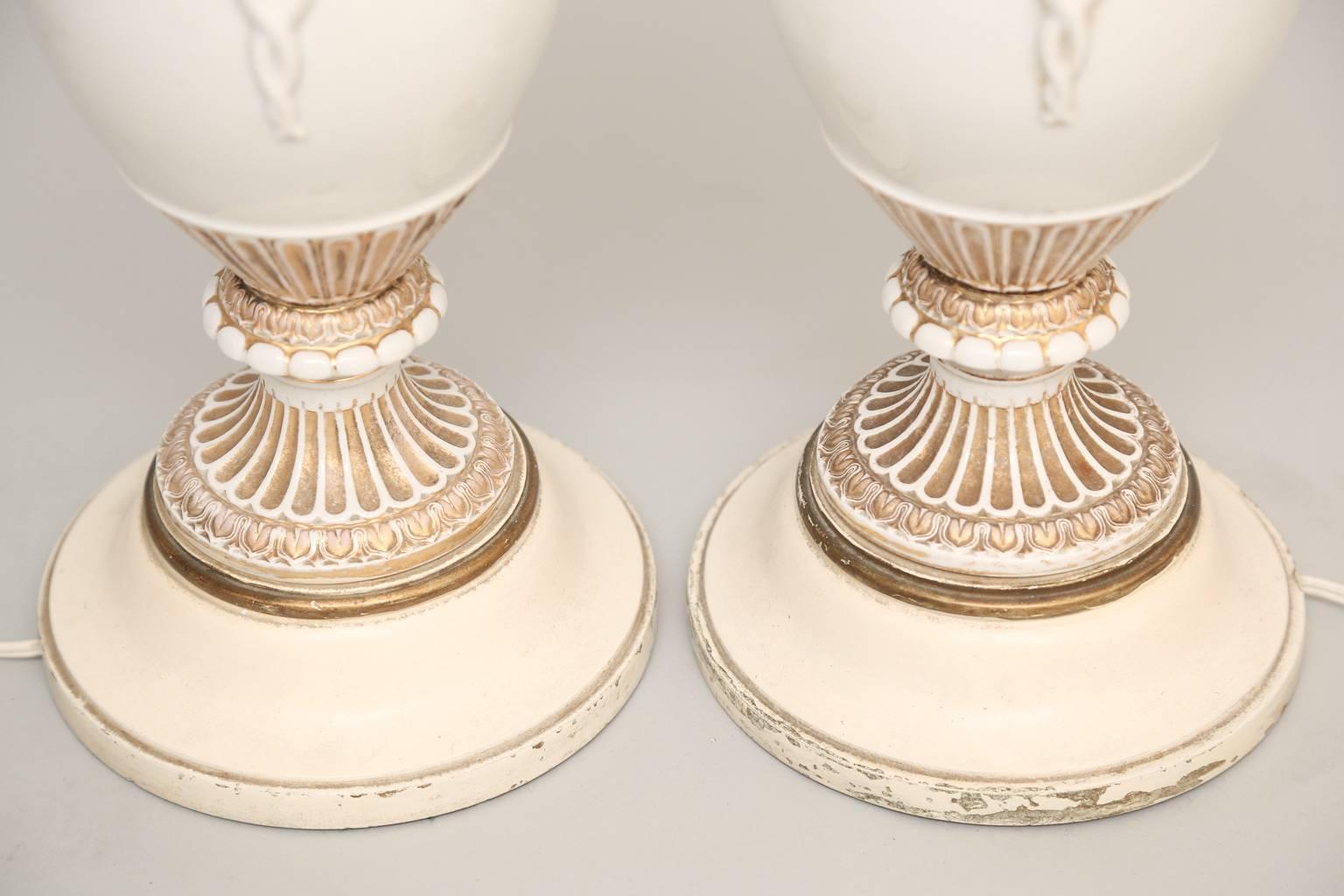 Pair of Meissen, Urn-Form Porcelain Vase Lamps with Snake Handles In Good Condition In West Palm Beach, FL