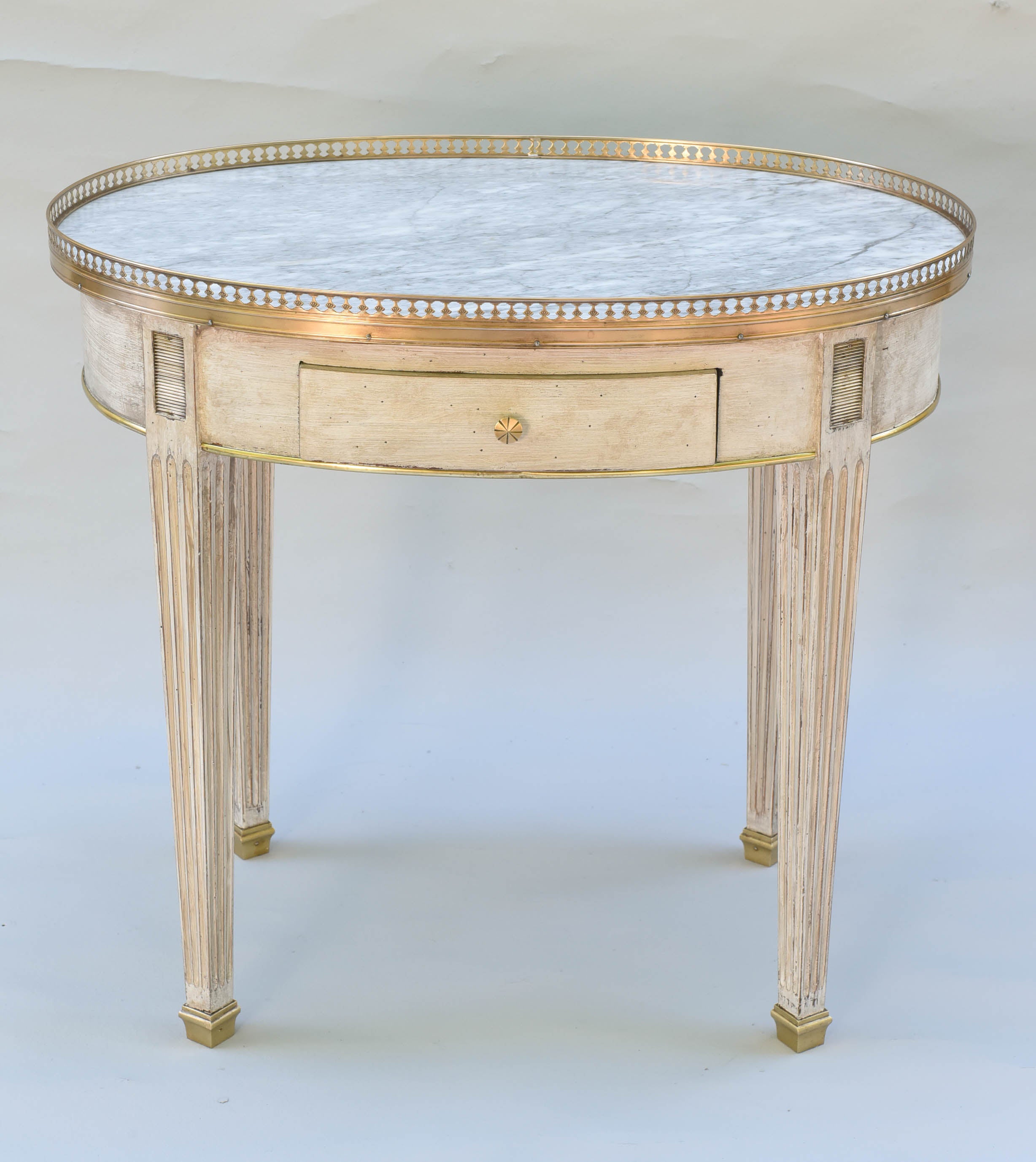 Painted Oval Bouillotte Occasional Table with White Marble Top