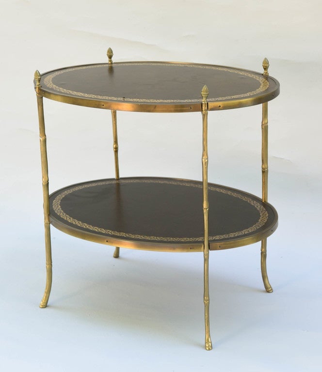 Oval Two-Tier Leather Accent Table with Faux Bamboo Brass Legs