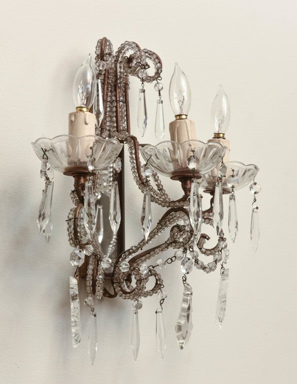 Pair of Three-Light Crystal Beaded Italian Scones with Mirrored Backplate