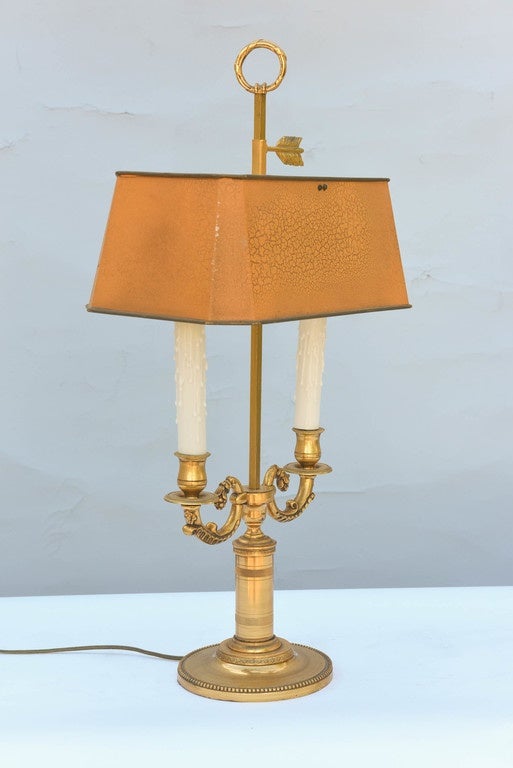 Painted Gilt Bronze Lamp with Rectangular Bouillotte Shade in Orange