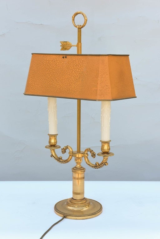 Gilt Bronze Lamp with Rectangular Bouillotte Shade in Orange In Excellent Condition In West Palm Beach, FL