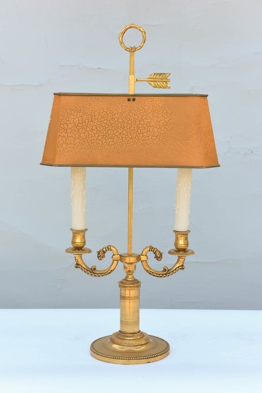 20th Century Gilt Bronze Lamp with Rectangular Bouillotte Shade in Orange
