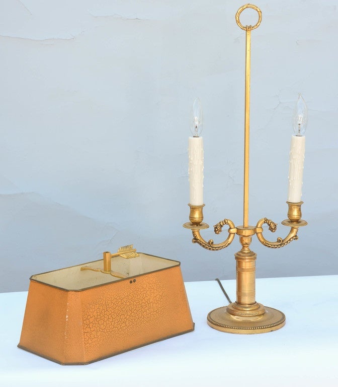 Gilt Bronze Lamp with Rectangular Bouillotte Shade in Orange 1