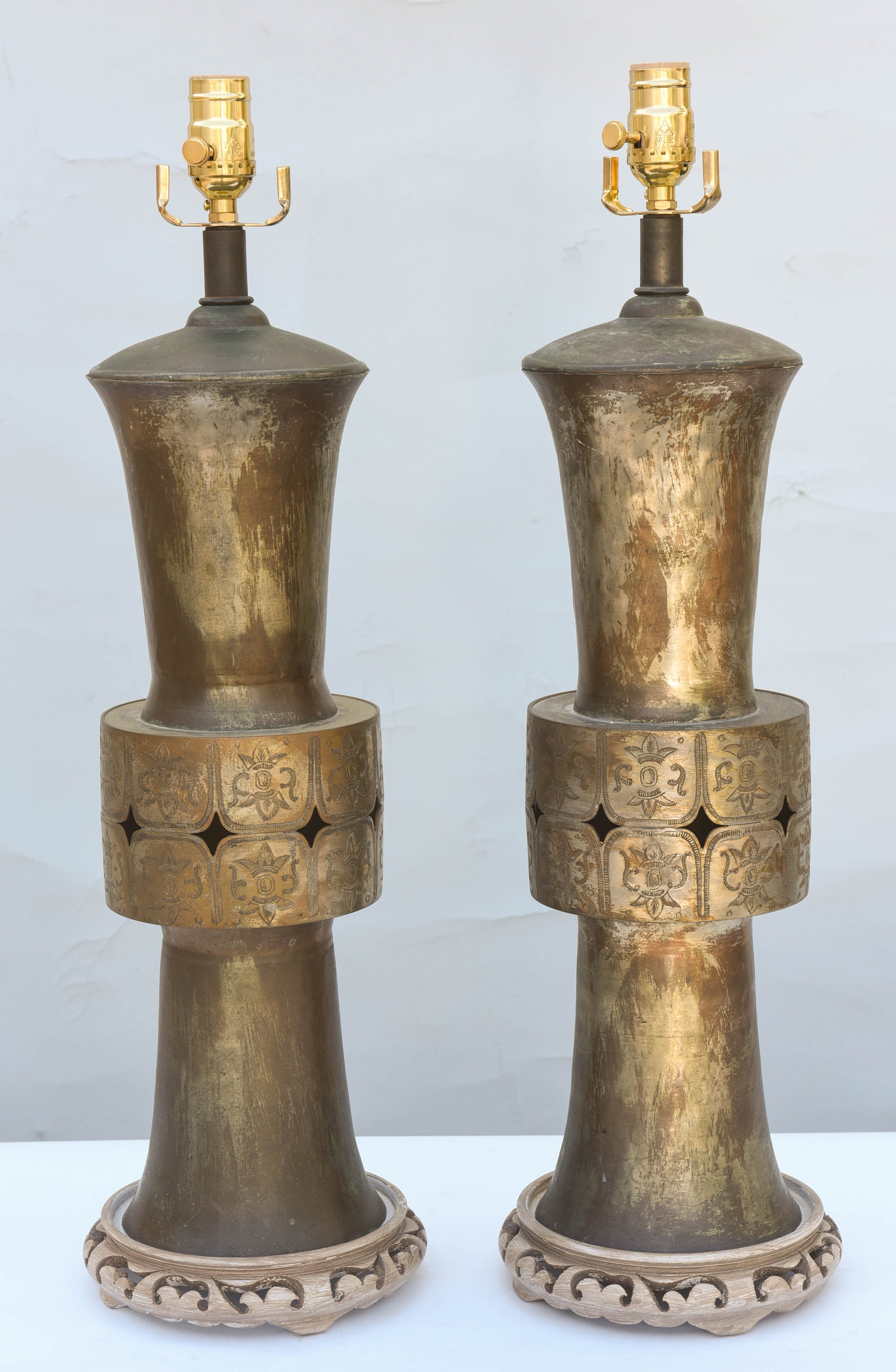 Pair of Lamped 19th Century Chinese Bronze Vases