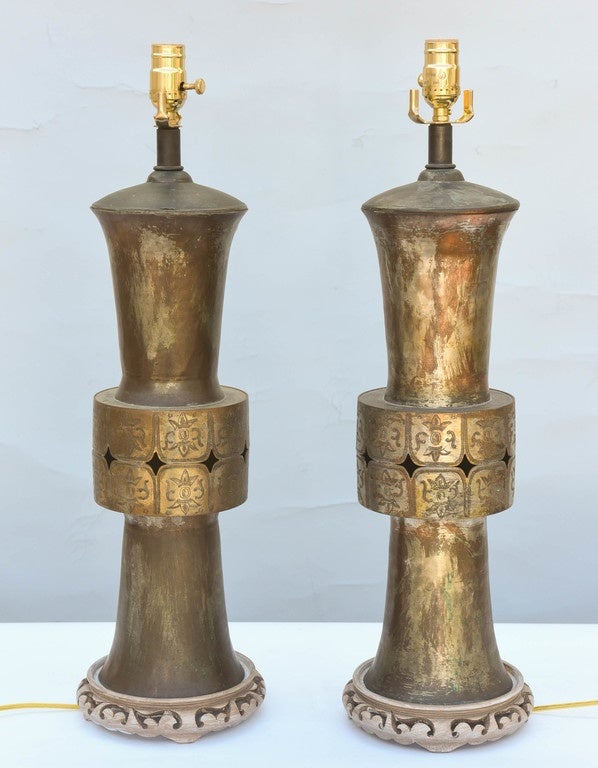 Pair of Lamped 19th Century Chinese Bronze Vases 1