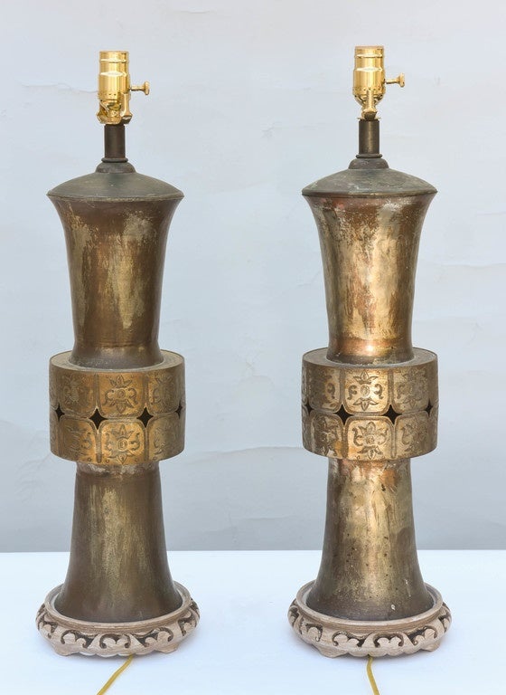 Pair of Lamped 19th Century Chinese Bronze Vases 4