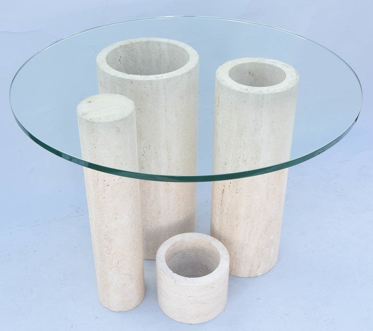 Graduated Travertine Cylindrical Table Base with Glass Top