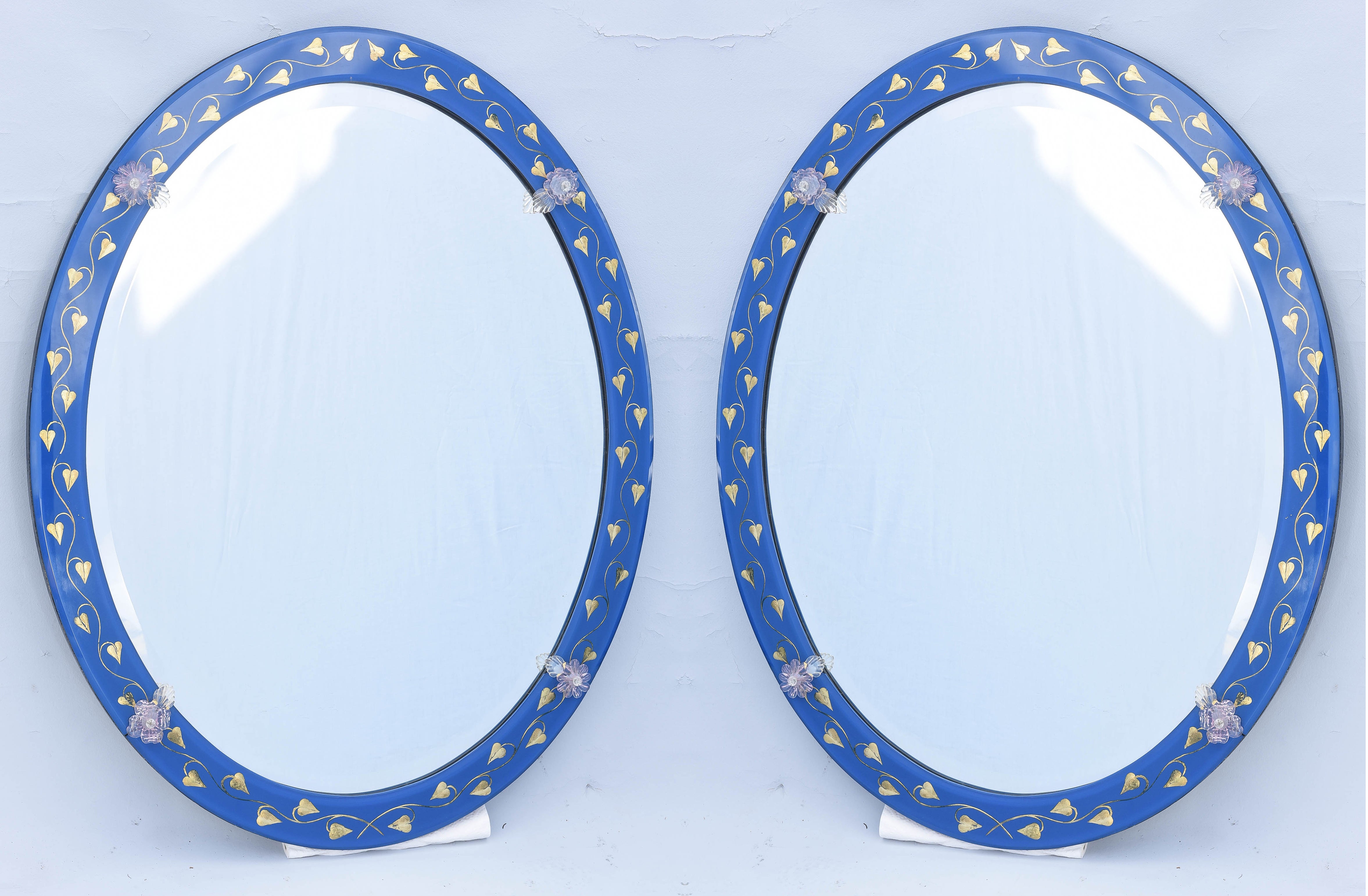 Pair of Oval Venetian Mirrors with Lapis Blue Glass Frame