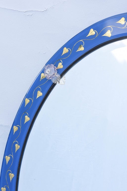 Beveled Pair of Oval Venetian Mirrors with Lapis Blue Glass Frame