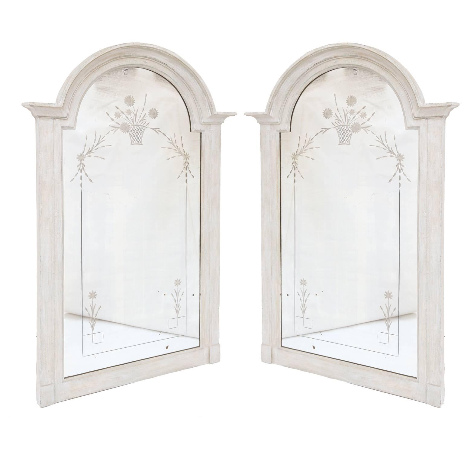 Pair of Late 19th Century Etched Mirrors in Painted Frames