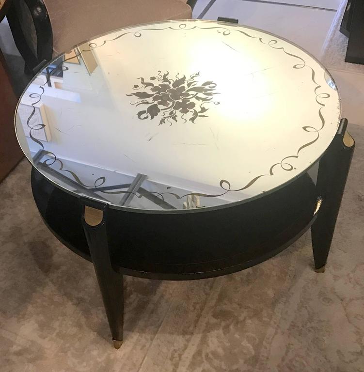 French Art Deco Coffee Table in Exotic Wood with Églomisé Mirror Top